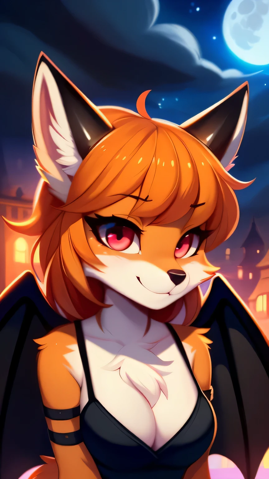 Nervous smiling, uploaded the e621, beautiful and detailed, woman (((female))) ((anthro)) Fox, (Fox girl), by waspsalad, by phluks, by zero-sum, night, full moon, cinematic lighting, Fox, (anthro, fluffy fur, character focus:1.1), 1girl, anthro fox girl, body fur, orange fur, orange body, orange hair, curvy, sexy, nice, cute, hot, comfortable anime-style cartoon-style, digital drawing, (half-closed eyes), pink eyes, glowing eyes , (horns, black horn, white horn, black wings), bangs