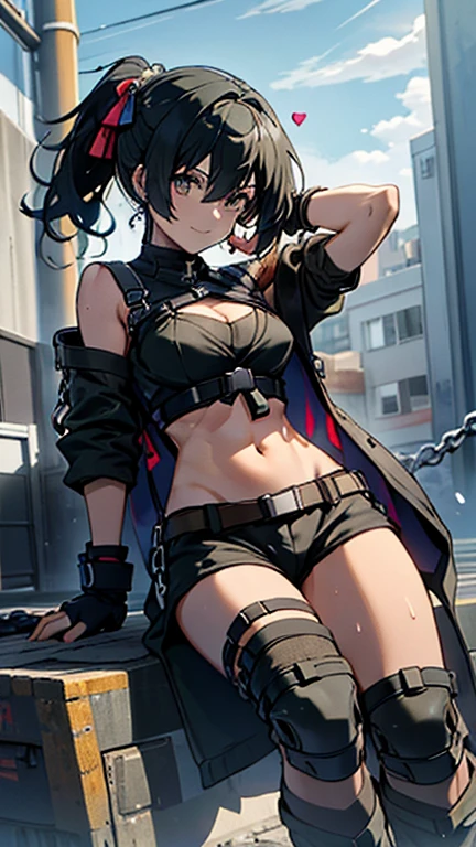 ubel,dark green hair,long hair,side (ponytail:1.3),hair between eyes,bangs, (red beret, black jacket, open clothes, cleavage, midriff, black shorts, black thighhighs, thigh strap, fingerless gloves, single glove:1.2), Photo,sharpness, F1.6 lens,hyper-realistic textures,spectacular light textures, Cinestil 800 Fashion Mechanics,(((Beautiful woman with left leg restrained and hung by chains))),Appearance,Beautiful girl with accentuated slender abs: 1.1,six-pack abs: 1.1, Bust Botox,Standing on tiptoe, long legs,Long brown hair fluttering in the wind,Brown hair, Long hair, Female Warrior Costume,(No panties,No bra),(tacticul battle fashion,elbow and knee tacticul battle fashion, battle glove: 1.1),((cute batre costume)),The belly comes out and the navel is visible,Thin sheer costume, combat gloves,shredded costumes,cyber long combat boots with golden knee pads,Anatomical,(futuristic sci-fi battle fashion, new elbow and knee cyberpads, new cyberlong boots, new cybergloves: 1.1),(tied perfectly by iron chain), Restraint, Slave, collars, contempt, (Chained), 4 chains hung from heaven, Metallic shackles and fetters, wet crotch clearly visible,((Hands are restrained above the head)), the neck is chained,Chain from left knee to heaven,Chained by rusty iron chains,((the tip is protruding, areolas protruding,The shape of the pubic harearea is clearly visible:1.2)),Sweating,Wet,Wet crotch,Wet thighs,Junkyard, Realistic, (cute, perfect clothes, skimpy clothes, cute: 1.3) ,Vast miritary base in us,((wide mirtary hospital with summer sunlight)), peeling ceilings, Rebar between, Realistic material details, Extreme details, Ultra-realistic materials,narrow waist,(with sparkling eyes and a contagious smile:0.9),looking at viewer,