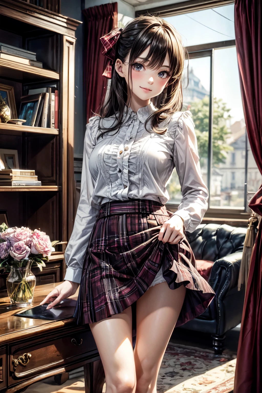 very cute and beautiful girl,(highly detailed beautiful face),(smile),blush,cowboy shot,
(white blouse with detailed frills),long sleeve BREAK standing,skirt lift,(white panties),
hair ribbon,black hair,(scarlet plaid mini skirt)
 BREAK antique living room,flowers in vase,wooden desk,(bookshelf:0.9),jewelry box,european carpet,distant trees,
(best quality,masterpiece:1.2),absurdres,highres,ultra-detailed,extremely detailed,32k,8k resolution,
intricate details,cinematic scene,detailed background,solo,dynamic angle,