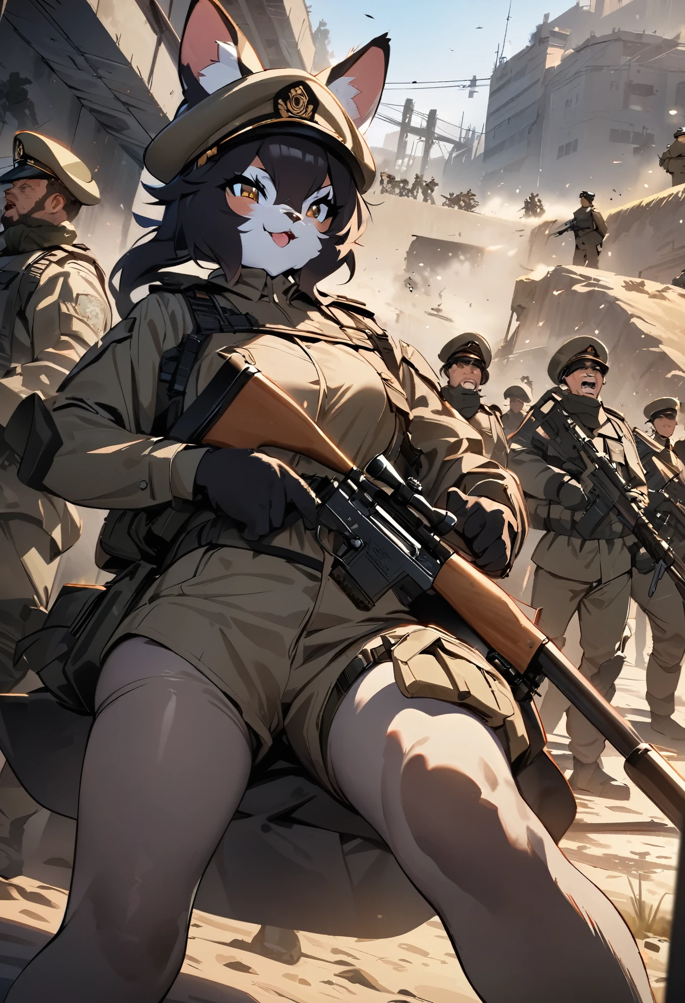 top quality, best quality, High-quality illustrations, masterpiece, super high resolution, detailed background, Military Headquarters, Maritime Self-Defense Force, rifle, sniper, battlefield, 6+boys, 6+girls, absurdres, perfect anatomy, expression, good lighting, cinematic shadow(kemono, furry anthro)dynamic angle,