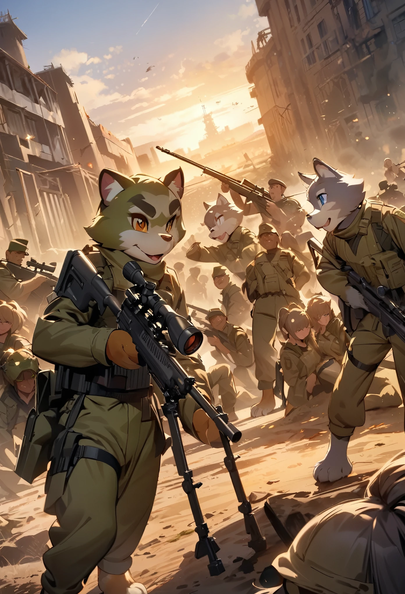 top quality, best quality, High-quality illustrations, masterpiece, super high resolution, detailed background, Military Headquarters, Maritime Self-Defense Force, rifle, sniper, battlefield, 6+boys, 6+girls, absurdres, perfect anatomy, expression, good lighting, cinematic shadow(kemono, furry anthro)dynamic angle,