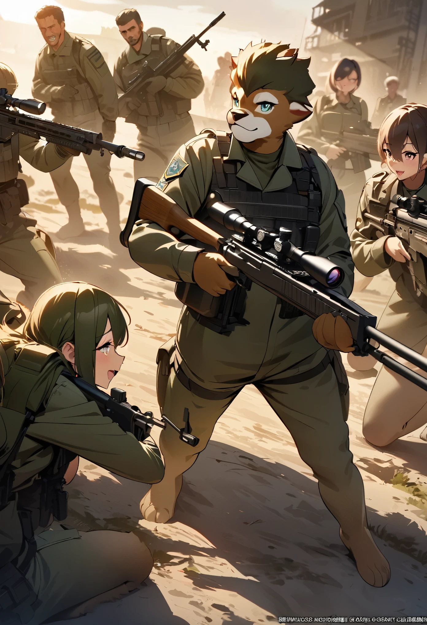 top quality, best quality, High-quality illustrations, masterpiece, super high resolution, detailed background, Military Headquarters, Maritime Self-Defense Force, rifle, sniper, battlefield, 6+boys, 6+girls, absurdres, perfect anatomy, expression, good lighting, cinematic shadow(kemono, furry anthro)dynamic angle,