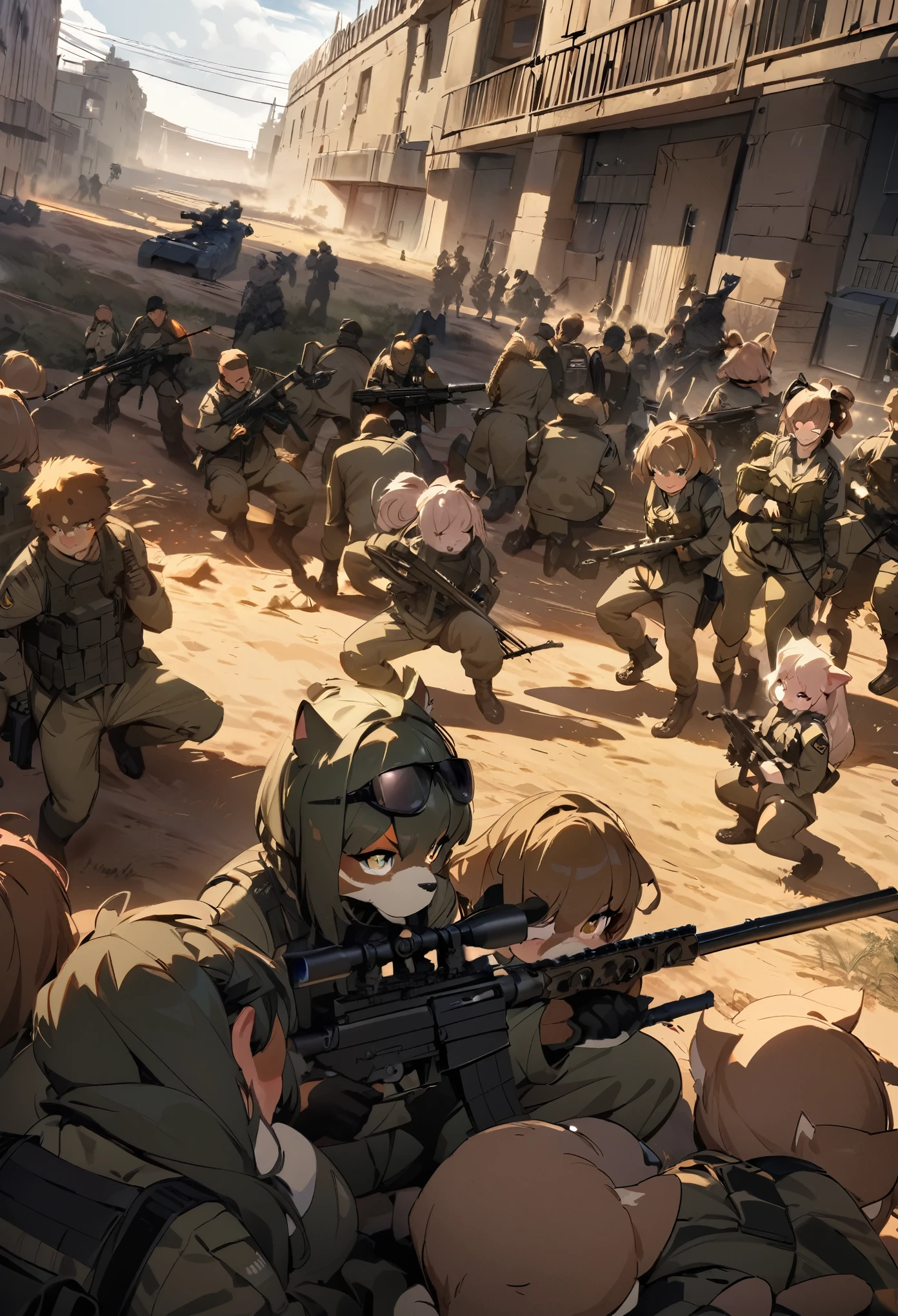 top quality, best quality, High-quality illustrations, masterpiece, super high resolution, detailed background, Military Headquarters, Maritime Self-Defense Force, rifle, sniper, battlefield, 6+boys, 6+girls, absurdres, perfect anatomy, expression, good lighting, cinematic shadow(kemono, furry anthro)dynamic angle,