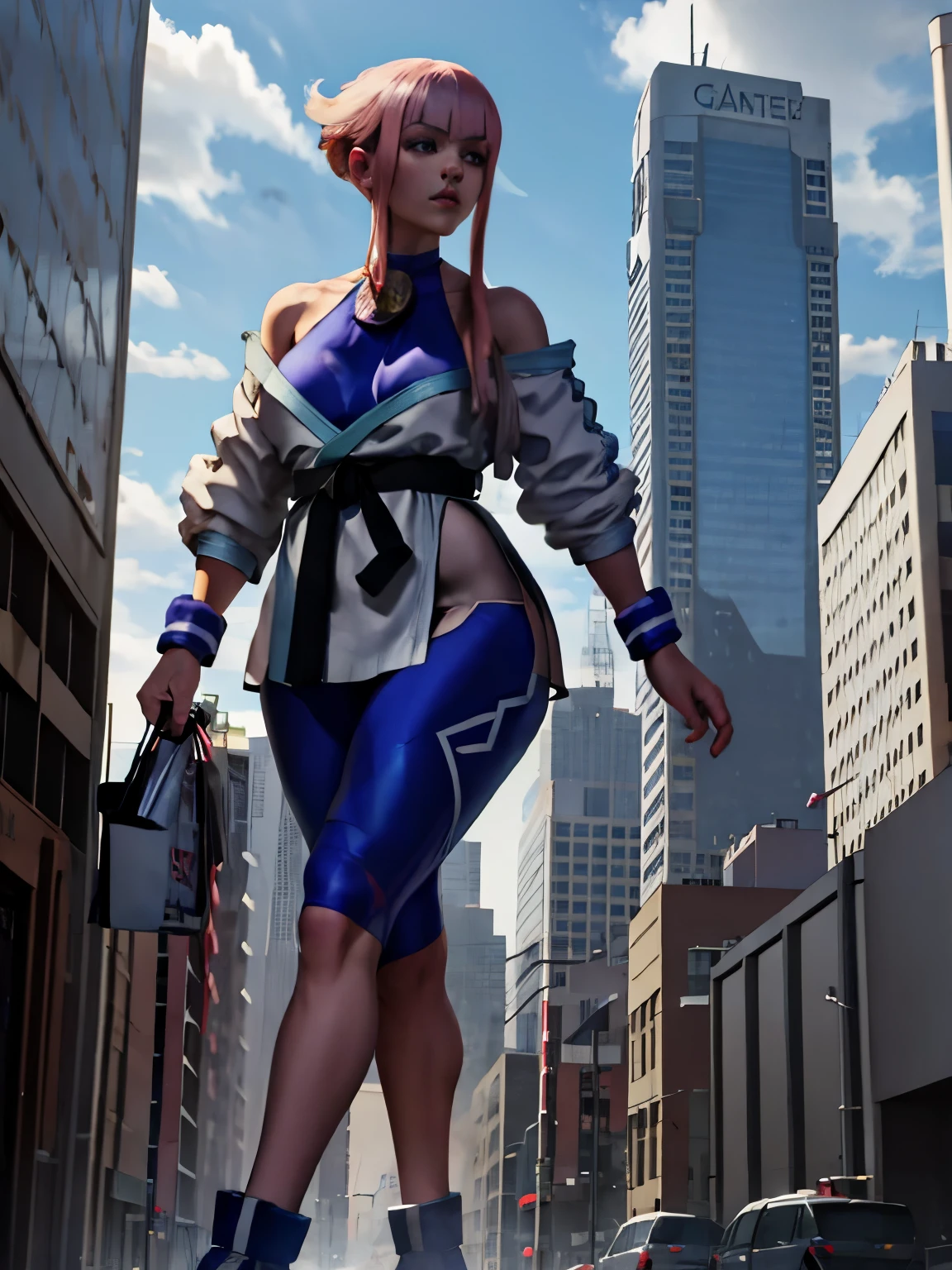 Masterpiece, best quality, high-resolution, 1girl, solo, 1girl, giantess, mamonms, off shoulder, white dougi, martial arts belt, halterneck, hip ventilation, bodysuit, walking in the city