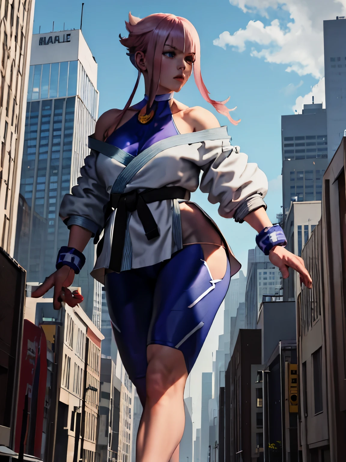 Masterpiece, best quality, high-resolution, 1girl, solo, 1girl, giantess, mamonms, off shoulder, white dougi, martial arts belt, halterneck, hip ventilation, bodysuit, walking in the city