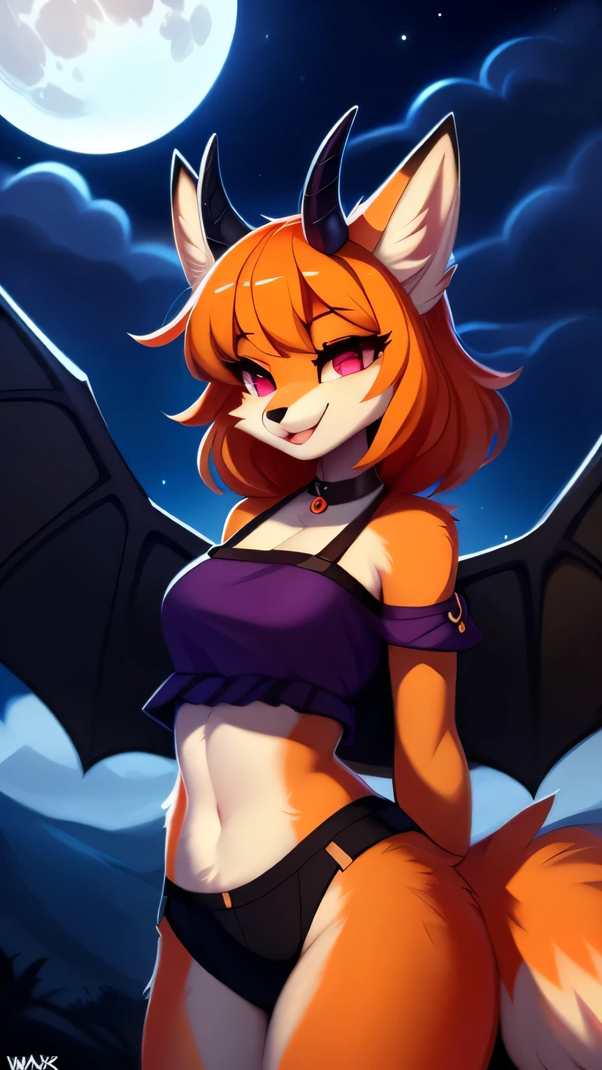 open smile, uploaded the e621, beautiful and detailed, woman (((female))) ((anthro)) Fox, (Fox girl), by waspsalad, by phluks, by zero-sum, night, full moon, hills, wind, cinematic lighting, Fox, (anthro, fluffy fur, character focus:1.1), 1girl, anthro fox girl, body fur, orange fur, orange body, orange hair, curvy, sexy, nice, cute, hot, comfortable anime-style cartoon-style, digital drawing, (half-closed eyes), dark purple clothes, pink eyes, glowing eyes , (horns, black horn, white horn, black wings), bangs, pose