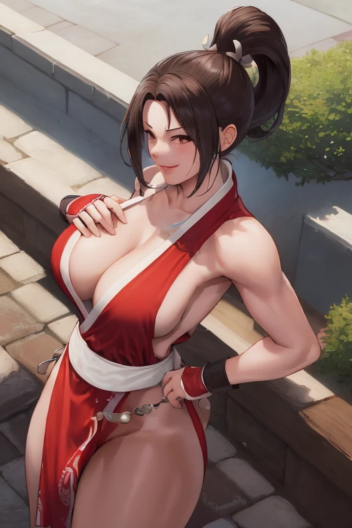masterpiece, best quality, beautiful art, high resolution, well formed hands, body and fingers, 1 woman, solo, Mai Shiranui adult, big breasted, cleavage, full body, long hair, hair ornament, gorgeous legs and thighs, smile, wearing a sexy dancer outfit, sexy and skimpy outfit, sexy Japanese clothes, pelvic curtain, red panties peeking, she is fighting in a combat match at a martial arts tournament, she is getting ready to fight, making her guard pose, action and fighting scene, about to hit the viewer, looking at the viewer, sweating , feeling confident and proud, smiling joyfully and happily, charming her opponent with her beauty, fighting scene, martial arts tournament on the beach