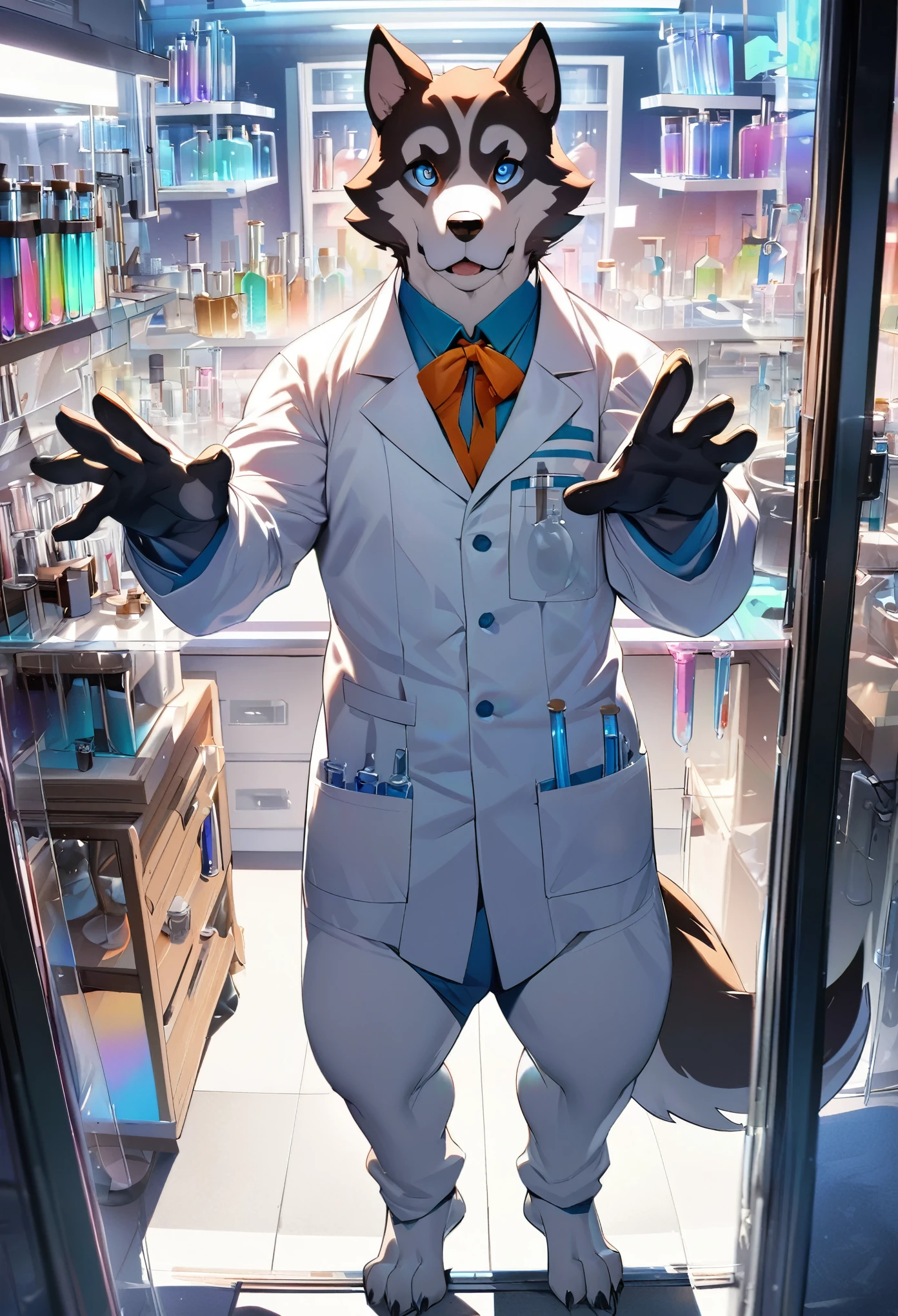 top quality, best quality, masterpiece, super high resolution, detailed background, good lighting((colorful water in test tube))laboratory, absurdres, perfect anatomy(handsome 1boy, kemono, doctor, white coat)(anthro, Furry body, dog facial features, dog body features)full body, looking at view, hands on the glass,