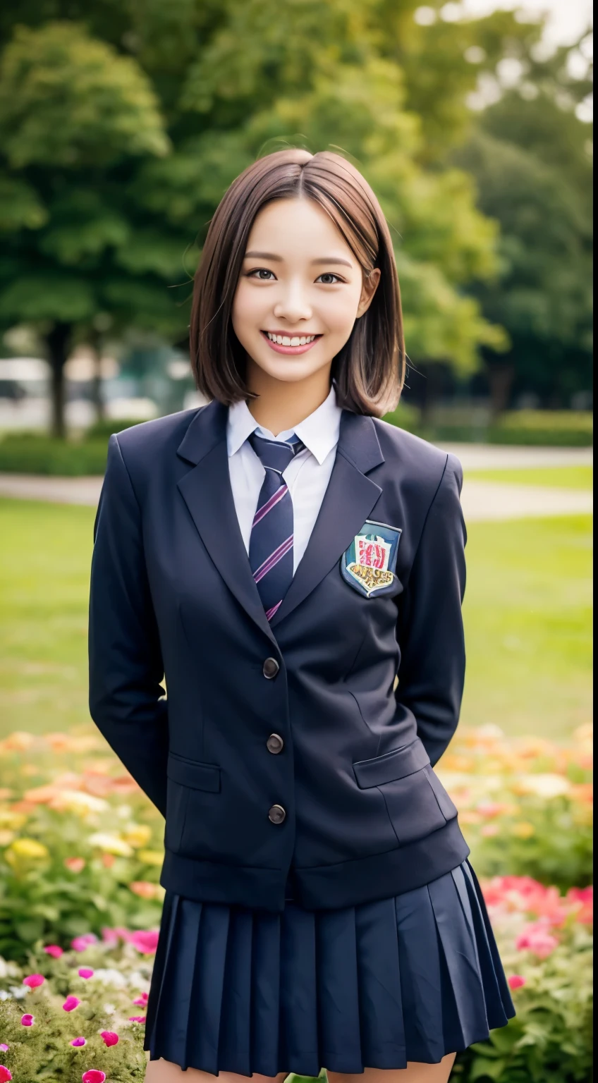 ((Girls' High School Uniforms))、((1people))、short hair、Close to the topic、((School flower beds)))、(((smile)))、(((Girls' High School)))、((Beautiful girl))、((Sexy pose))、Photorealistic、Beautiful fine details、Hyperrealism、High Contrast、Ultra HD、Realistic skin texture、Best image quality、highest quality、超A high resolution、The finer details、With great care