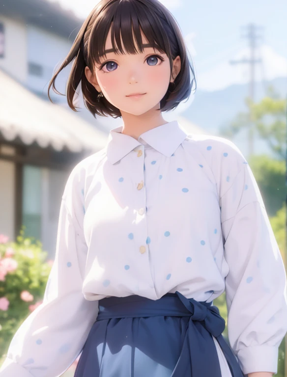 High resolution,In 8K,highest quality,detailed,Semi-realistic anime,Anime 3D Style,Smooth anime CG,One Girl,19-year-old woman in Japan,slim,Modeled,Shiny brown hair,Medium Hair,detailedな顔,Beautiful and detailed,Glowing Skin,((White and big blue polka dot summer dress)),necklace,straggling hair,Angelic hairstyle,Small breasts,round and large eyes,