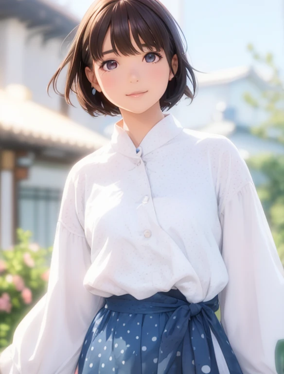 High resolution,In 8K,highest quality,detailed,Semi-realistic anime,Anime 3D Style,Smooth anime CG,One Girl,19-year-old woman in Japan,slim,Modeled,Shiny brown hair,Medium Hair,detailedな顔,Beautiful and detailed,Glowing Skin,((White and big blue polka dot summer dress)),necklace,straggling hair,Angelic hairstyle,Small breasts,round and large eyes,