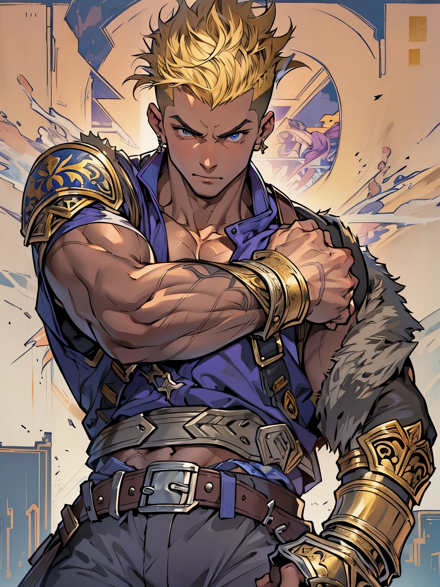 masterpiece, best quality, hyper-detailed, ultra-detailed, hires, 1boy, Brazilian, brown skin, blonde hair, short hair, crew cut, mohawk, dark blue eyes, (gold earrings), abs, light armor, gloves, male focus, muscular, college-age man, sandals, (shoulder armor), solo, standing, toeless legwear, (black vest), purple jacket, purple pants, dynamics fighting pose, fighting stance, fighting tournament ring backdrop, serious, determined, mixed martial arts fighter.