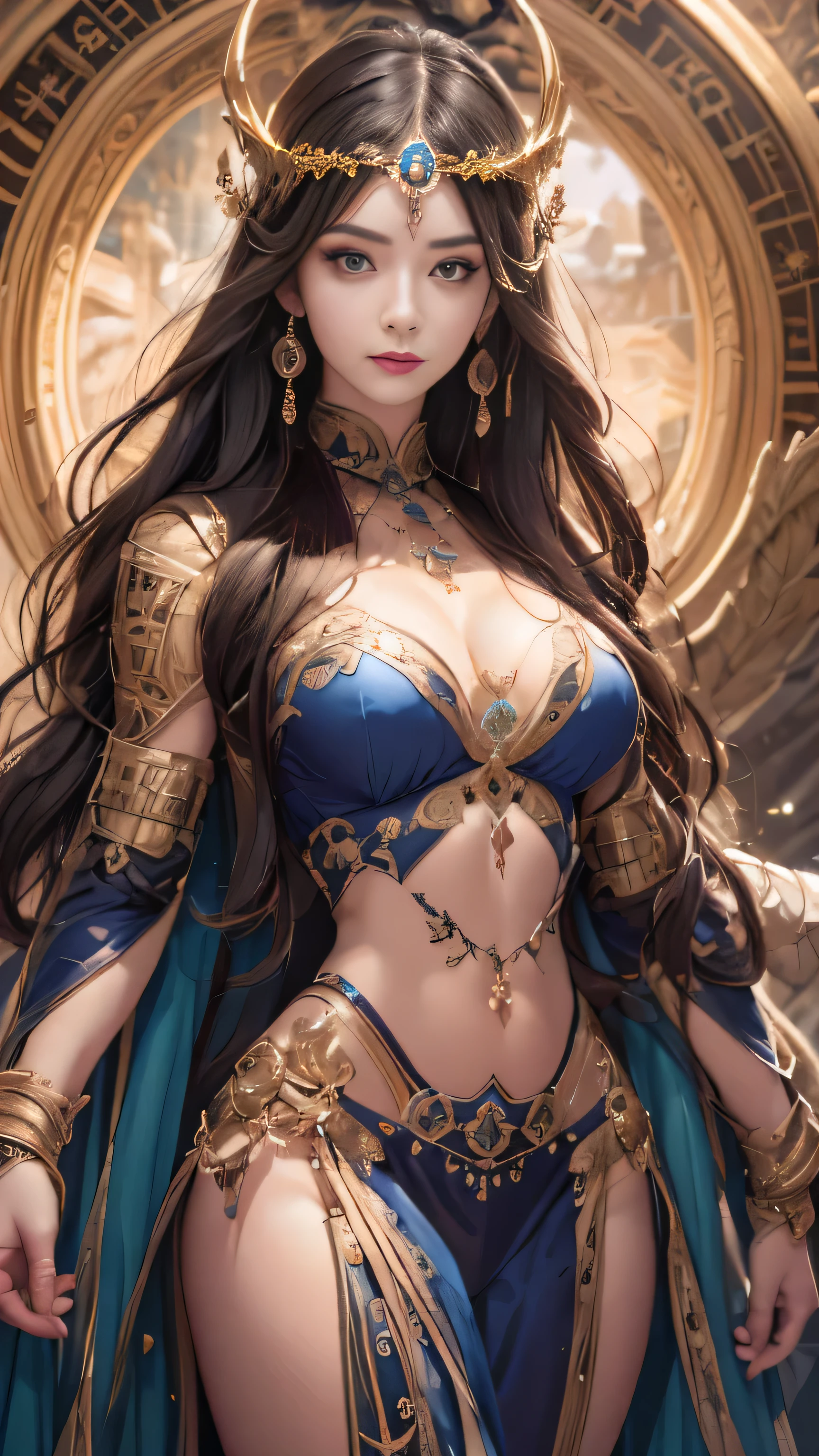 (best qualtiy,ultra - detailed,Most Best Illustration,Best shadow,tmasterpiece,A high resolution,professionalartwork,famousartwork),Detailed eyes,beautidful eyes,cleavage,sci-fy,colored sclera,Robot eyes,face markings,Tattooed with,(fractalized,Fractal eyes),largeeyes,Wide eyes,(Eye focus),sface focus,Cosmic eyes,Space eyes,a woman with a moon in her hair,goddes。(((full body shot))), extremly high detail,a stunning beautiful goddess,hecate goddess,a norse moon goddess,goddess of space and time