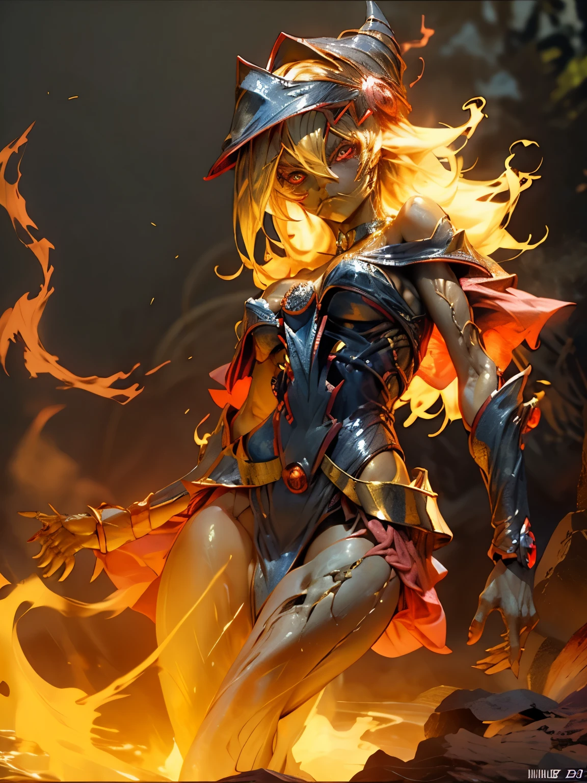 Dark magician gils como ave feniz. Cabello de llamas. Ojos azules. Labios rojos. Pose sensual. Fondo de infierno. She's on fire and she's coming for you. Pose sensual. Desnuda