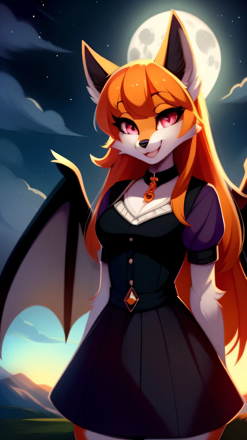 open smile, uploaded the e621, beautiful and detailed, woman (((female))) ((anthro)) Fox, (Fox girl), by waspsalad, by phluks, by zero-sum, night, full moon, hills, wind, cinematic lighting, Fox, (anthro, fluffy fur, character focus:1.1), 1girl, anthro fox girl, body fur, orange fur, orange body, orange hair, curvy, sexy, nice, cute, hot, comfortable anime-style cartoon-style, digital drawing, (half-closed eyes), dark purple clothes, pink eyes, glowing eyes , (horns, black horn, white horn, black wings), bangs, pose