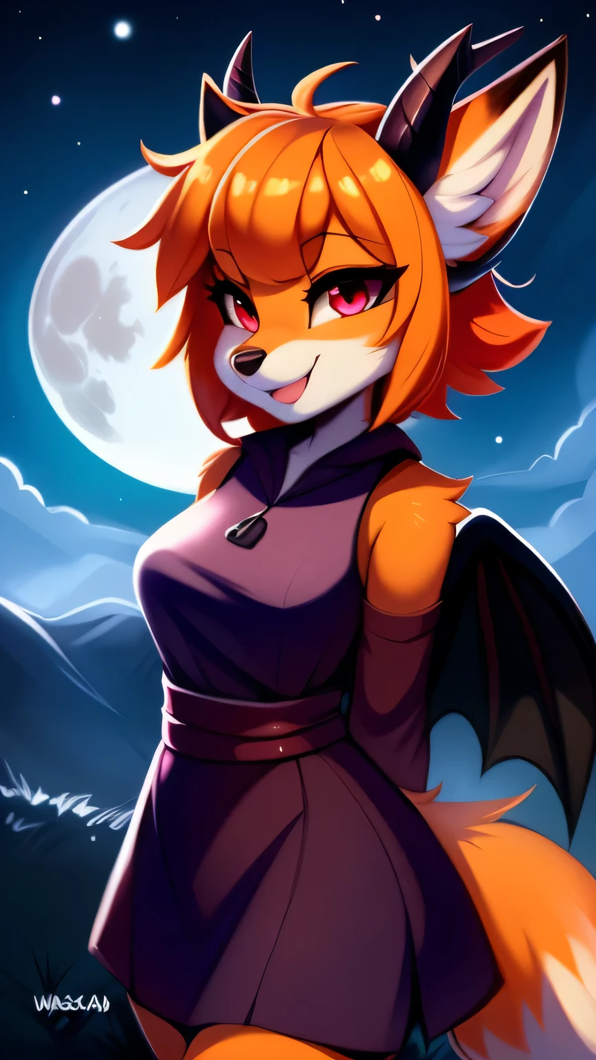 open smile, uploaded the e621, beautiful and detailed, woman (((female))) ((anthro)) Fox, (Fox girl), by waspsalad, by phluks, by zero-sum, night, full moon, hills, wind, cinematic lighting, Fox, (anthro, fluffy fur, character focus:1.1), 1girl, anthro fox girl, body fur, orange fur, orange body, orange hair, curvy, sexy, nice, cute, hot, comfortable anime-style cartoon-style, digital drawing, (half-closed eyes), dark purple clothes, pink eyes, glowing eyes , (horns, black horn, white horn, black wings), bangs, pose