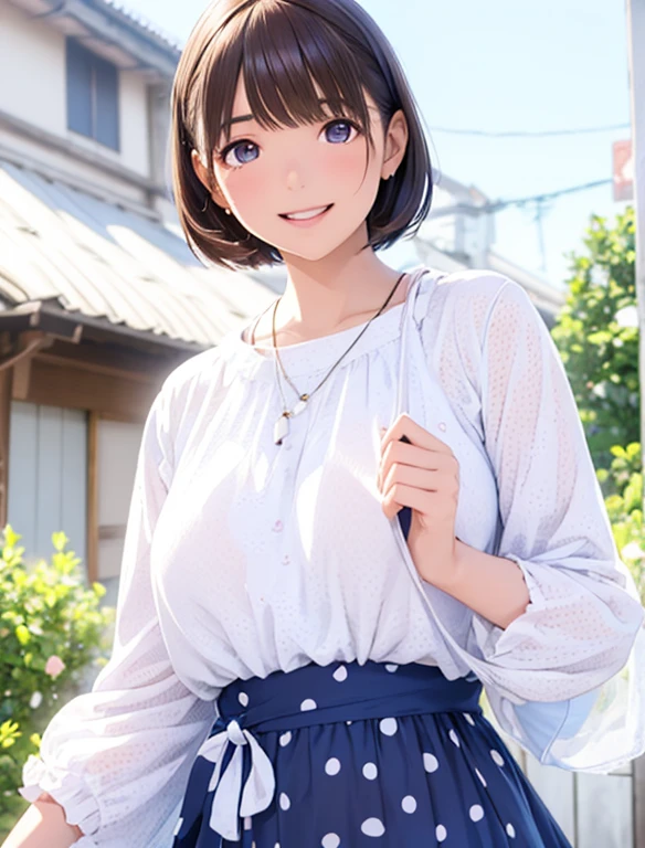 High resolution,In 8K,highest quality,detailed,Semi-realistic anime,Anime 3D Style,Smooth anime CG,One Girl,19-year-old woman in Japan,slim,Modeled,Shiny brown hair,Medium Hair,detailedな顔,Beautiful and detailed,Glowing Skin,((White and big blue polka dot summer dress)),necklace,straggling hair,Angelic hairstyle,Small breasts,round and large eyes,((Laughter))