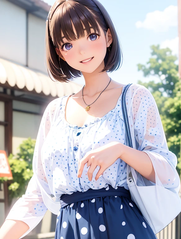 High resolution,In 8K,highest quality,detailed,Semi-realistic anime,Anime 3D Style,Smooth anime CG,One Girl,19-year-old woman in Japan,slim,Modeled,Shiny brown hair,Medium Hair,detailedな顔,Beautiful and detailed,Glowing Skin,((White and big blue polka dot summer dress)),necklace,straggling hair,Angelic hairstyle,Small breasts,round and large eyes,((Laughter))