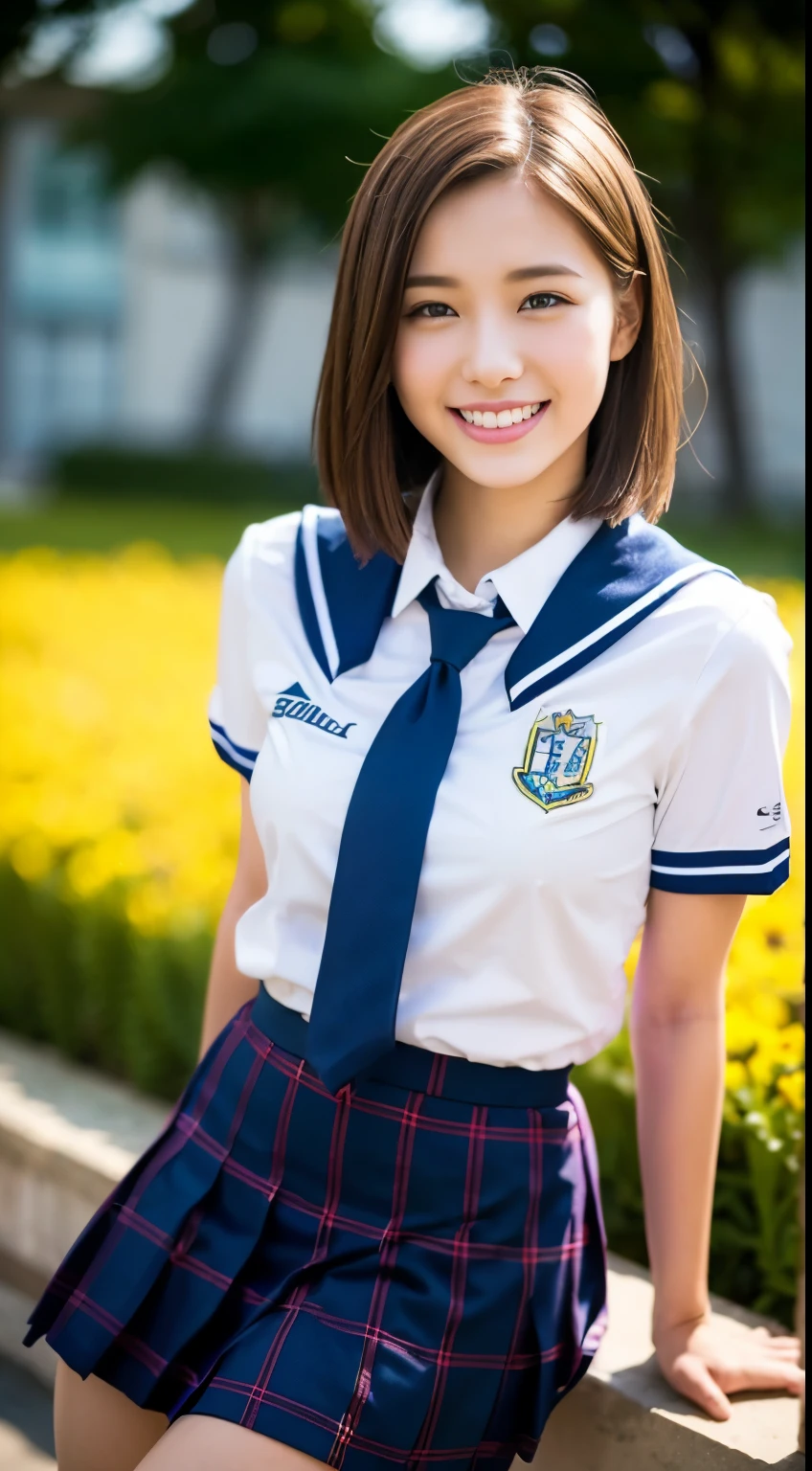 ((Girls' High School Uniforms))、((１people))、short hair、Close to the topic、((School flower beds)))、(((smile)))、(((Girls' High School)))、((Beautiful girl))、((Sexy pose))、Photorealistic、Beautiful fine details、Hyperrealism、High Contrast、Ultra HD、Realistic skin texture、Best image quality、highest quality、超A high resolution、The finer details、With great care