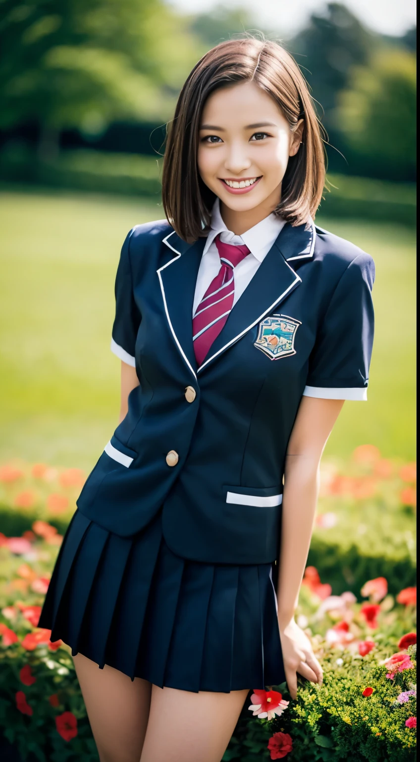 ((Girls' High School Uniforms))、((1people))、short hair、Close to the topic、((School flower beds)))、(((smile)))、(((Girls' High School)))、((Beautiful girl))、((Sexy pose))、Photorealistic、Beautiful fine details、Hyperrealism、High Contrast、Ultra HD、Realistic skin texture、Best image quality、highest quality、超A high resolution、The finer details、With great care