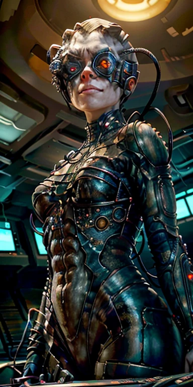 realisticlying，a 25 year old girl，gymnast，wearing leotard，Smile，Gymnastics Stadium、Various poses,  veins popping out on her skin. She is being brainwashed into becoming a Borg, with an eyepatch covering one eye. There are cables attached to her body, merging with her flesh. The overall scene has a luma effect, giving it a surreal glow. The woman's face is extremely detailed, with intricate features and expressions. Her eyes are particularly captivating, with a mesmerizing quality to them. The image is of the highest quality, with 4K resolution and ultra-detailed rendering. It has a realistic and photorealistic appearance, almost resembling a masterpiece. The art style leans towards a cyberpunk concept, with a fusion of sci-fi elements. The color tone is dominated by shades of blue, giving it a cold and futuristic atmosphere. The lighting is dramatic, with bright highlights and deep shadows, adding intensity to