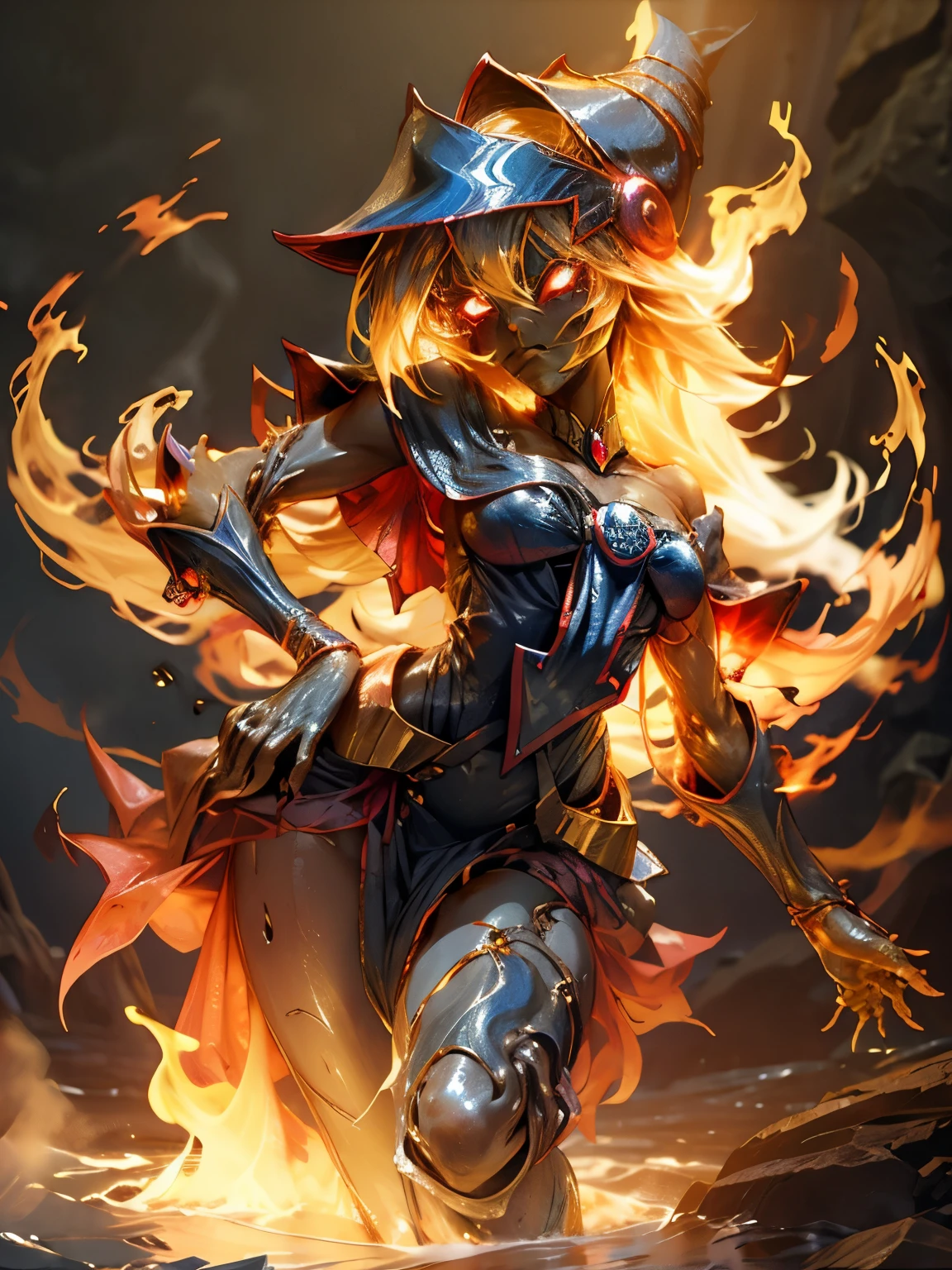 Dark magician gils entre llamas. Cabello de llamas. Ojos azules. Labios rojos. Pose sensual. Fondo de infierno. She&#39;s on fire and she&#39;s coming for you. Pose sensual. Desnuda 