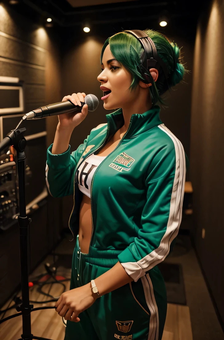 A cinematic-style, hyper-realistic full shot of a beautiful, edgy, green haired female artist in a tracksuit, passionately singing in a recording studio. Vibrant colours. Use a Nikon D850 camera with a 35mm lens to capture the scene. photorealistic detail and clarity. Incorporate elements of the recording studio environment, such as soundproof walls, microphones, and musical instruments, to enhance the authenticity of the setting. Convey the energy and creative spirit of the recording process.