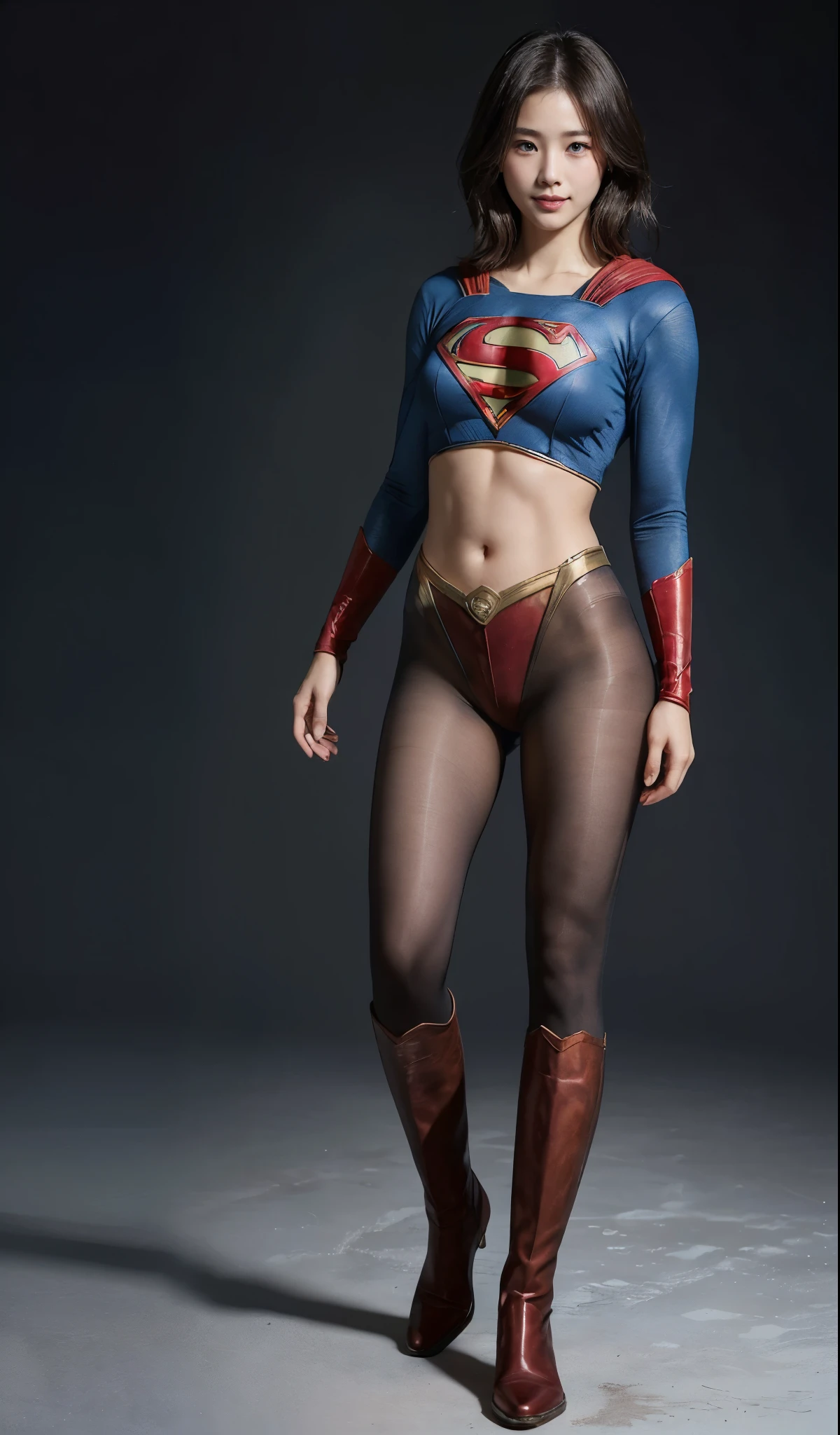 No background、(((Beautiful legs in black tights.)))、(((Legally express the beauty of your smile)))、((((Make the most of your original images)))、(((Supergirl Costume)))、(((beautiful short bob hair)))、(((suffering)))、(((Please wear black tights....、Wear red boots)))、((Best image quality、8K))、((highest quality、8K、masterpiece:1.3))、(((keep background )))、Sharp focus:1.2、Beautiful woman with perfect figure:1.4、Thin abdominal muscles:1.2、Wet body:1.5、Highly detailed face and skin texture、8K