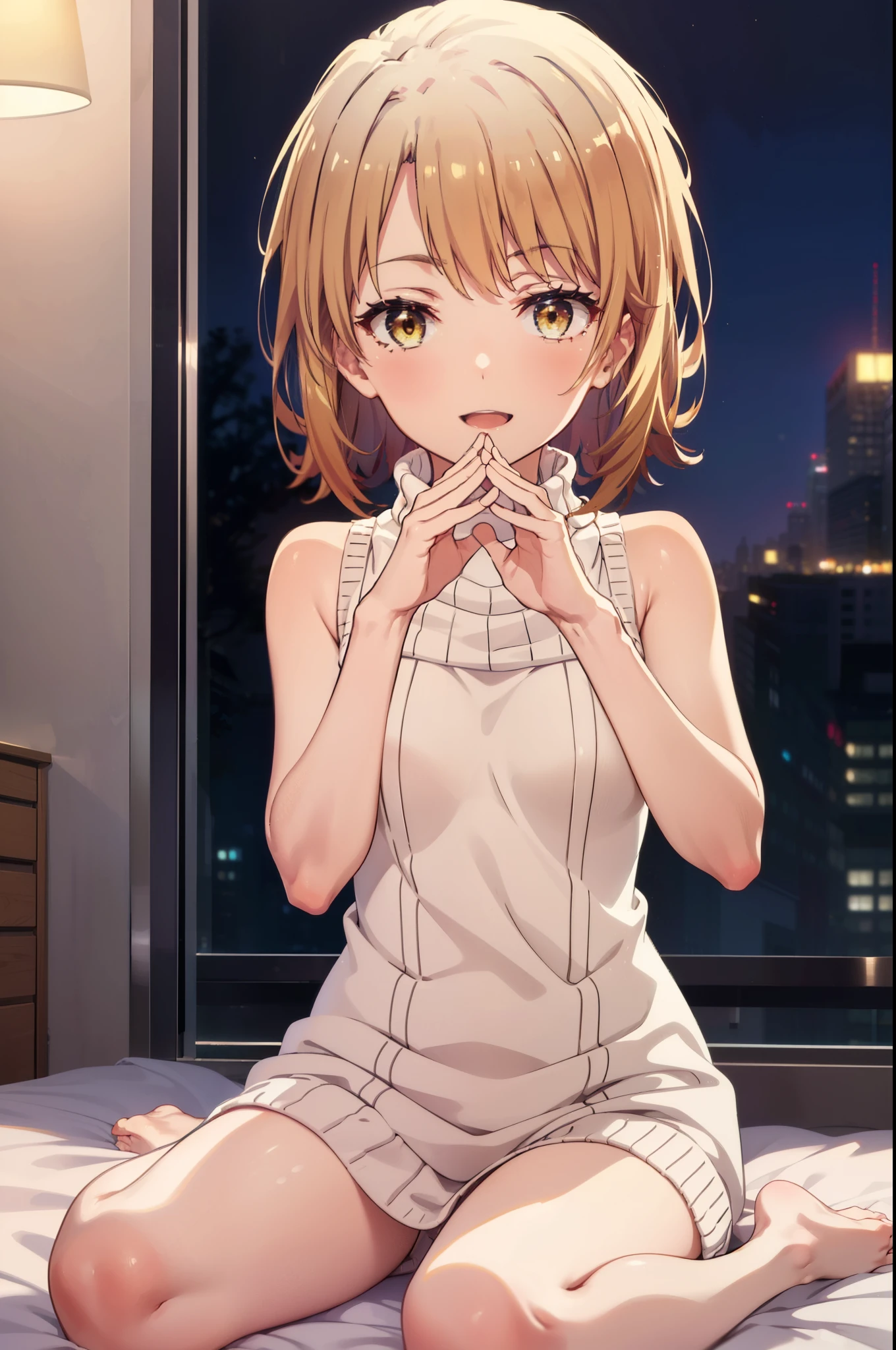irohaisshiki, Iroha Isshiki, short hair, brown hair, (Brown eyes:1.happy smile, smile, Open your mouth,),,virgin killer sweater, Sleeveless turtleneck, Sweater dress, aran sweater, (Side bust), Red sweater, barefoot,Sitting on the bed,Sexy pose,Pink Proof,night,moonlight,erotic,romantic,
break indoors, Bedroom,
break looking at viewer,whole body, (Cowboy Shot:1. 5),
break (masterpiece:1.2), highest quality, High resolution, unity 8k wallpaper, (shape:0.8), (Beautiful details:1.6), Highly detailed face, Perfect lighting, Highly detailed CG, (Perfect hands, Perfect Anatomy),