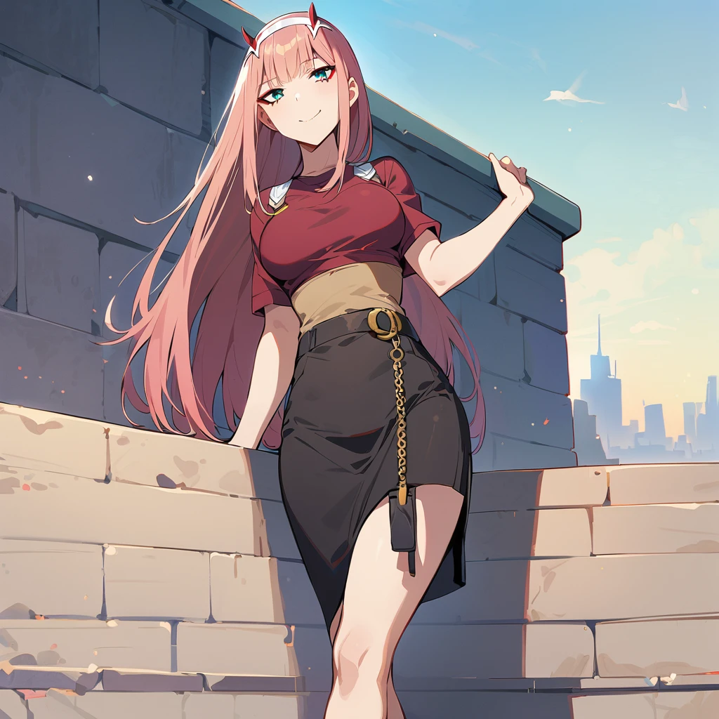 (masterpiece, best quality:1.2), 1girl, solo,
long hair, Zero two, falda corta, playera negra corta, muslos grandes, pechos grandes, muslos grandes, medias 