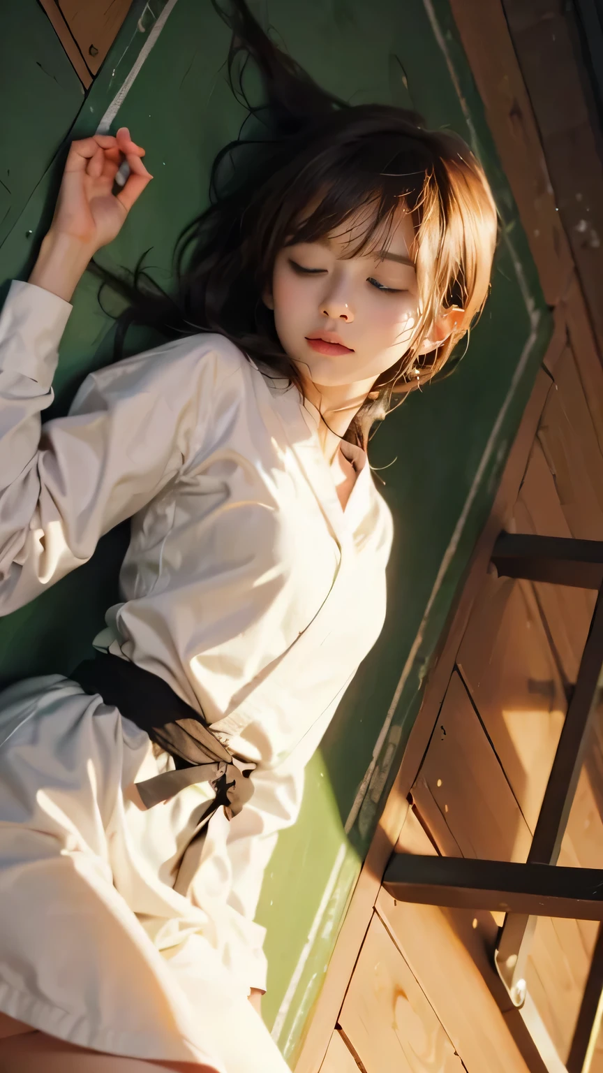 Sleeping girl，22 year old，realisticlying，high qulity，Wear JK student attire，Black stockings and shorts pajama pants，brown  hair。Soft light，Natural and authentic