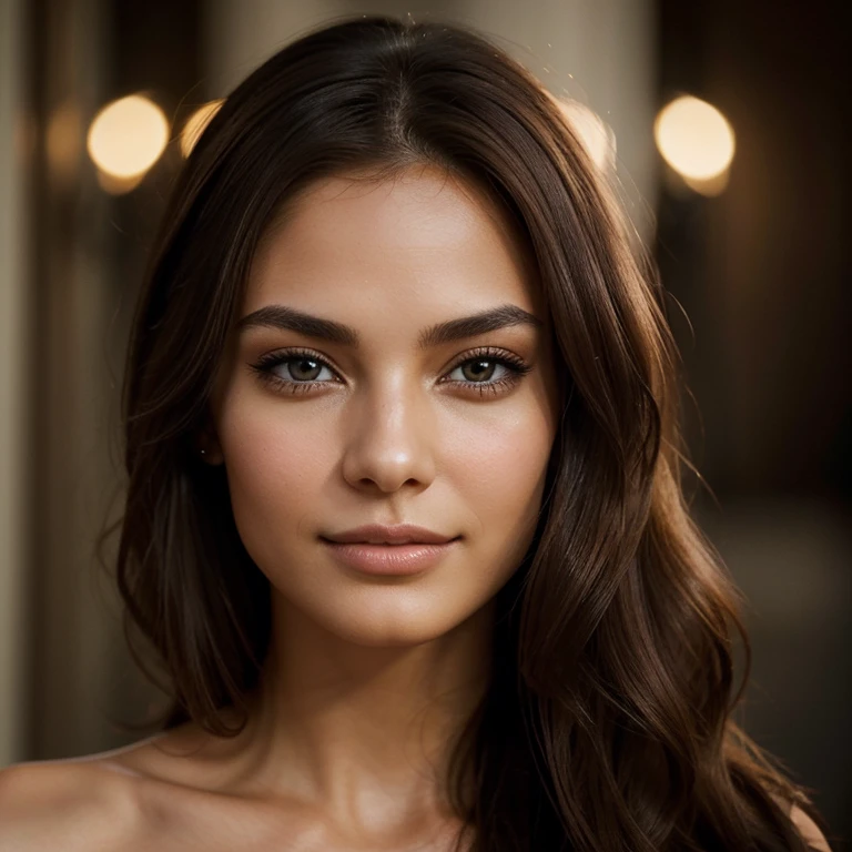 Picture prompt: Generate a photo of the same woman, exuding an enchanting and captivating aura, with brown hair cascading down her shoulders and deep-set brown eyes, displaying a radiant smile with closed mouth and seductive lips. The image should possess intricate details, a shallow depth of field, and a high-budget, epic Hollywood film feel, making it a stunning masterpiece and an award-winning, professional piece of art. The woman's face is slender and refined, with a high cheekbone structure, thin nose, and a flawless complexion. Her skin texture appears detailed, with a subtle blush (0.5) and goosebumps (0