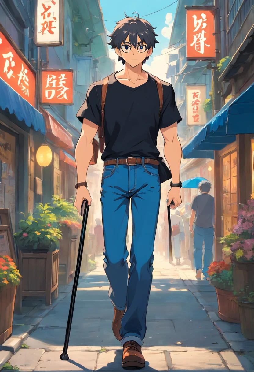 Muscular formal anime boy in black shirt and blue jeans walking with cane