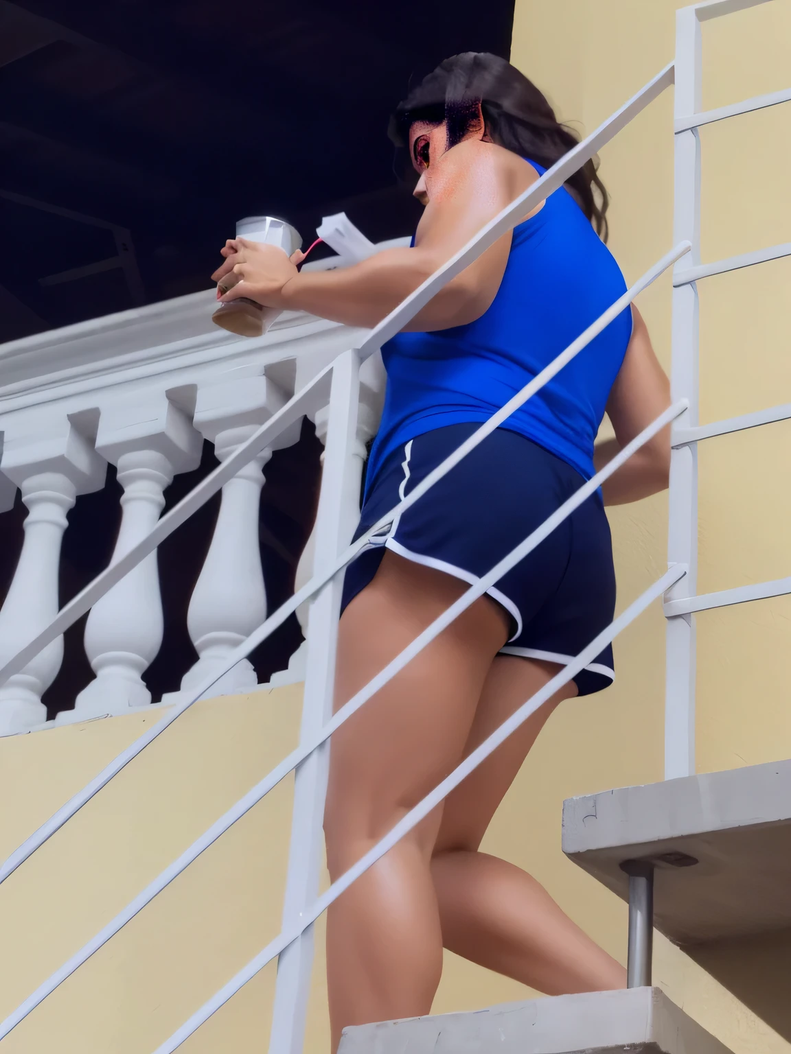 woman in blue shirt and shorts climbing stairs with coffee in hand, coming down the stairs, side view of her taking steps, uhd candid photo of dirty, side shot, karla ortiz, in shorts, sport bra and dark blue shorts, thick legs, 30-year-old woman from cuba, very accurate photo, pics that go hard, working out