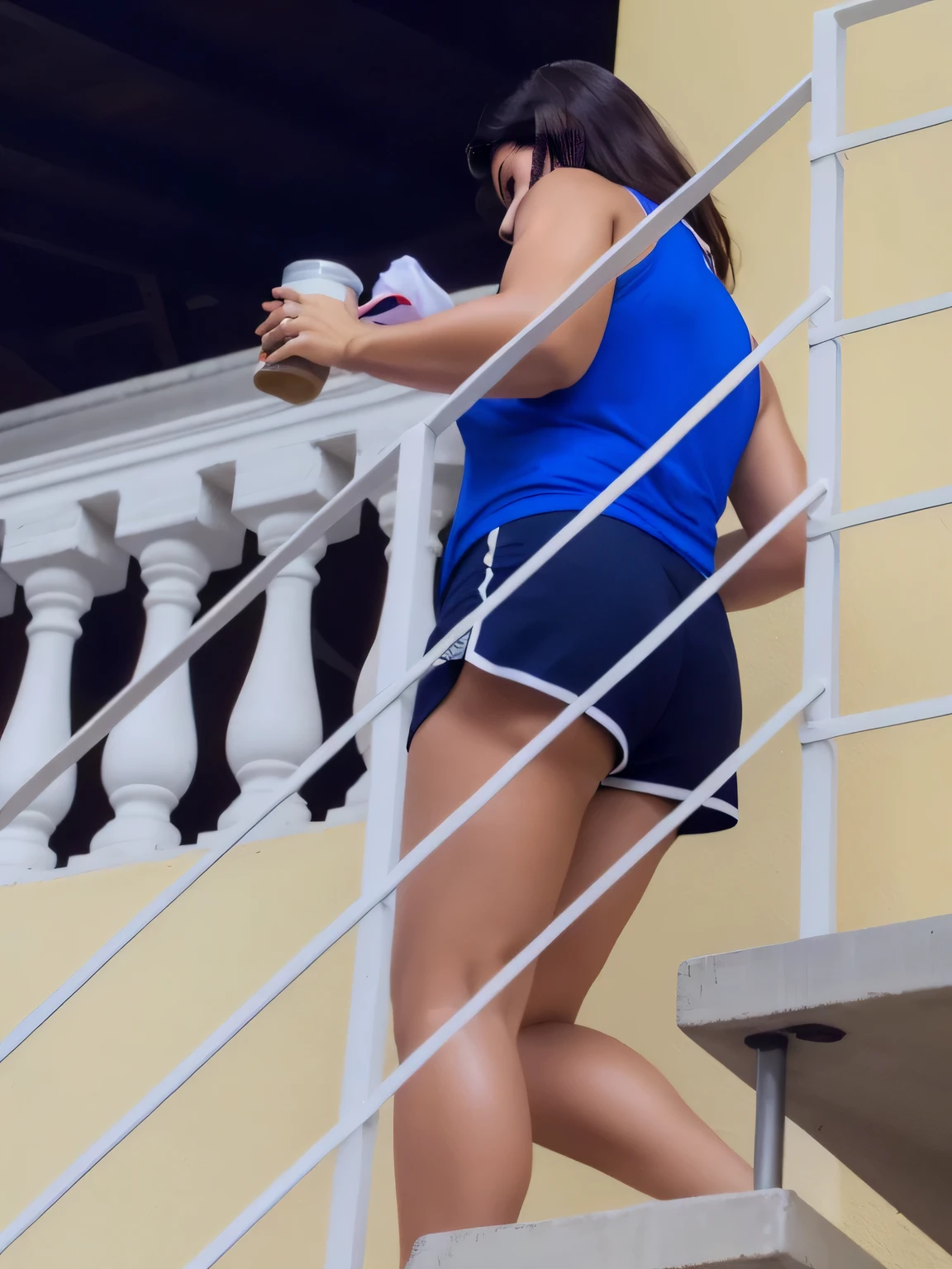 woman in blue shirt and shorts climbing stairs with coffee in hand, coming down the stairs, side view of her taking steps, uhd candid photo of dirty, side shot, karla ortiz, in shorts, sport bra and dark blue shorts, thick legs, 30-year-old woman from cuba, very accurate photo, pics that go hard, working out