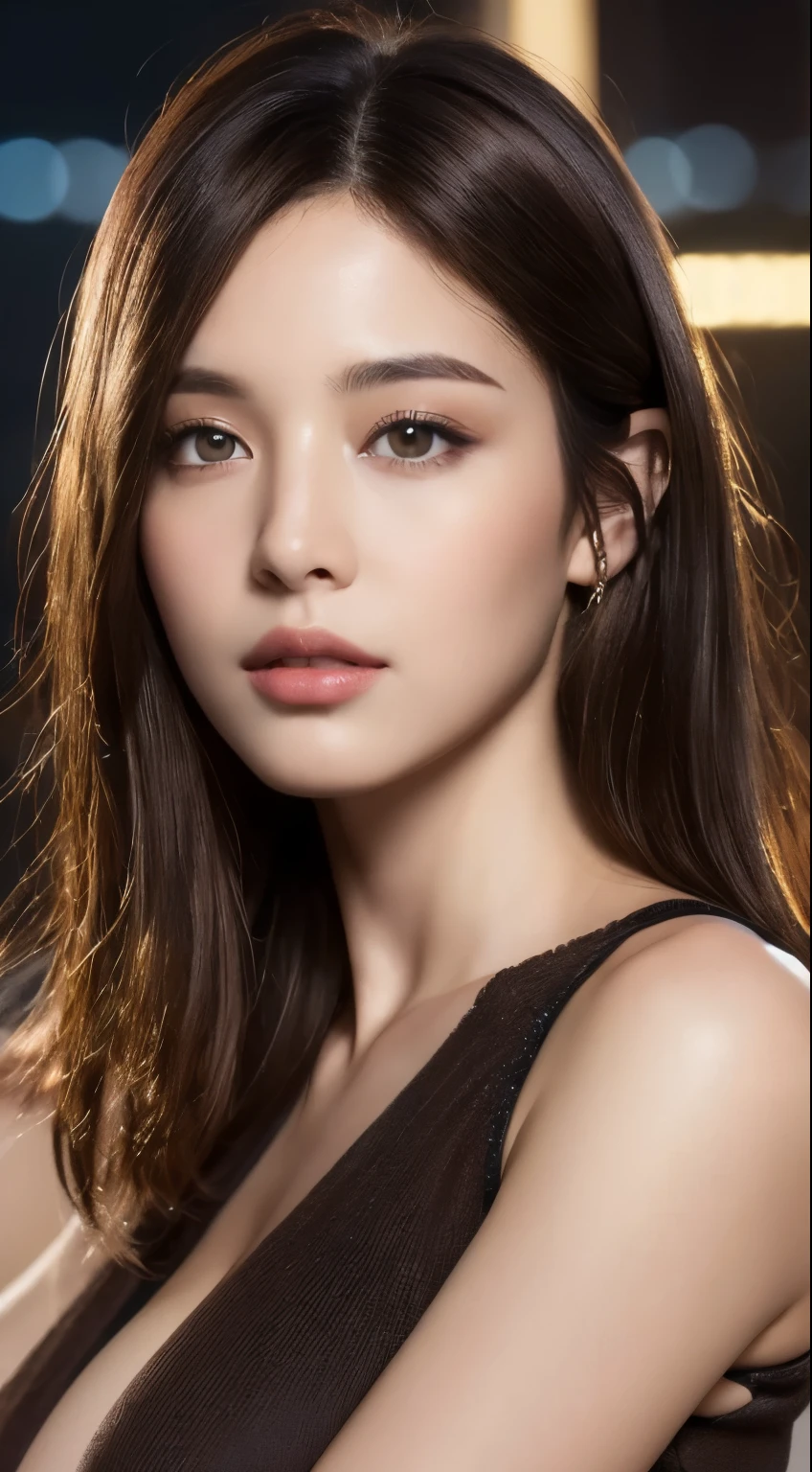 ((highest quality, 8k, masterpiece: 1.3)), Sharp focus: 1.2, Perfect figure: 1.4, Slim Abs: 1.2, ((Dark brown hair, : 1.4)), dress: 1.1), City of night, Highly detailed face and skin texture, Beautiful Eyes, double eyelid、Large Breasts、Cleavage
