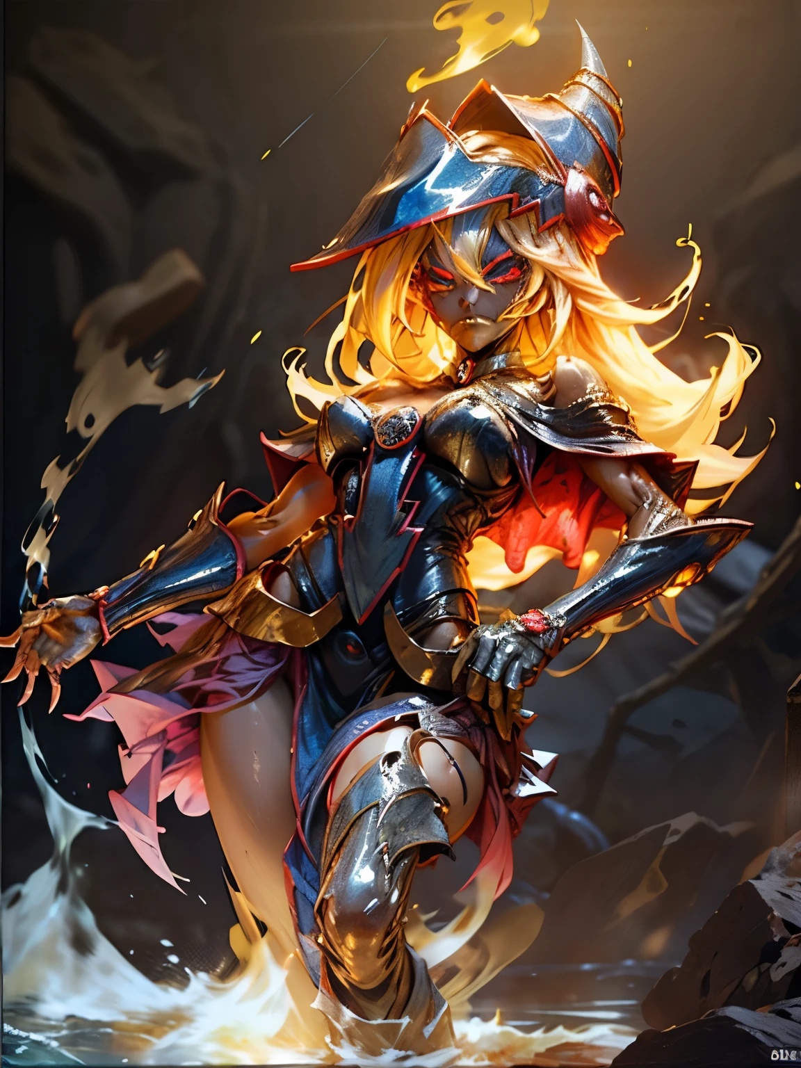 Dark magician gils entre llamas. Cabello de llamas. Ojos azules. Labios rojos. Pose sensual. Fondo de infierno. She's on fire and she's coming for you. Pose sensual. Desnuda
