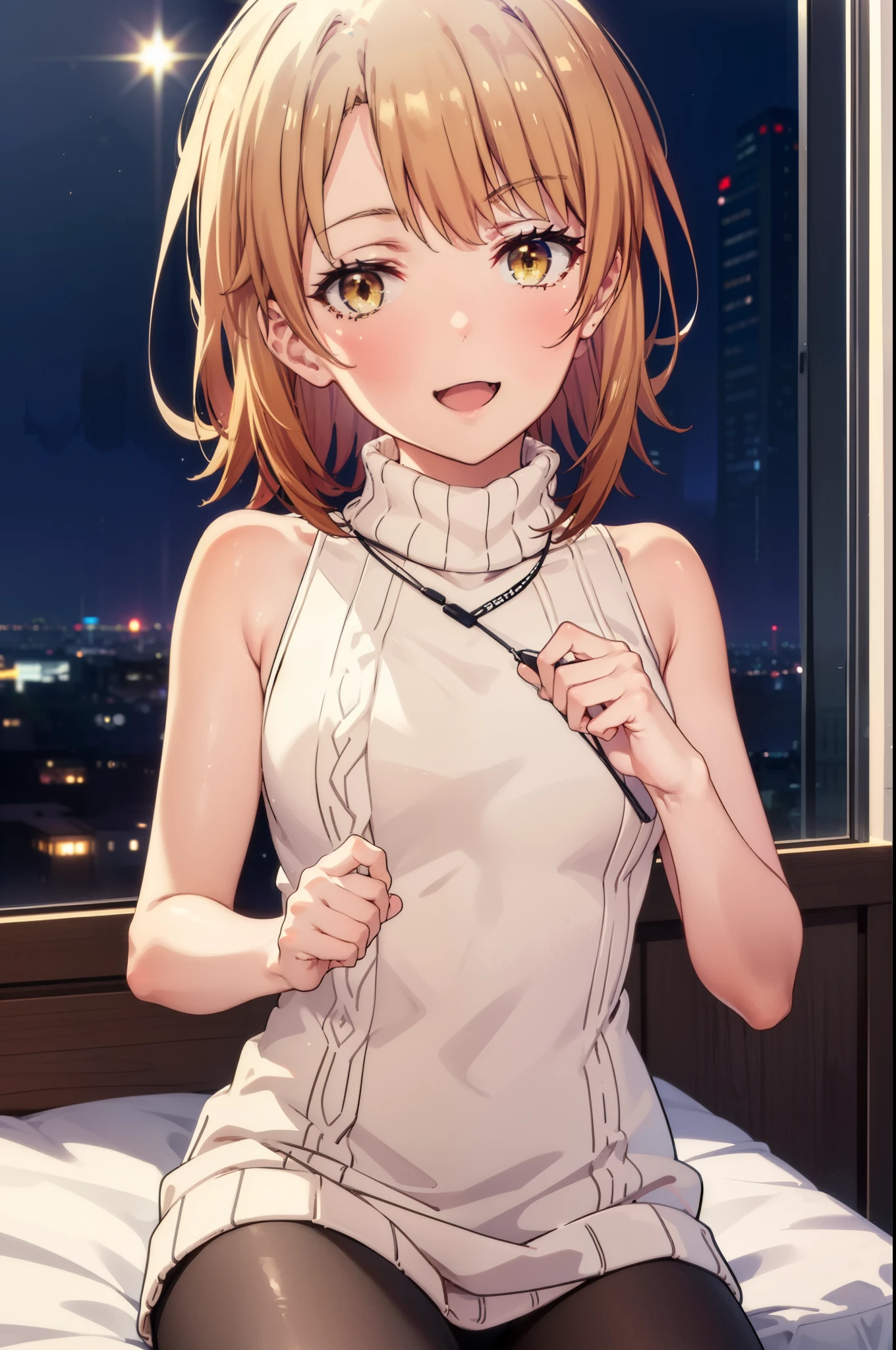 irohaisshiki, Iroha Isshiki, short hair, brown hair, (Brown eyes:1.happy smile, smile, Open your mouth,),Virgin Killer Sweater with a Visible Back, Sleeveless turtleneck, Sweater dress, aran sweater, (Side bust), Red sweater, Black pantyhose,Sitting on the bed,Sexy pose,Pink Proof,night,moonlight,erotic,romantic,
break indoors, Bedroom,
break looking at viewer,whole body, (Cowboy Shot:1. 5),
break (masterpiece:1.2), highest quality, High resolution, unity 8k wallpaper, (shape:0.8), (Beautiful details:1.6), Highly detailed face, Perfect lighting, Highly detailed CG, (Perfect hands, Perfect Anatomy),