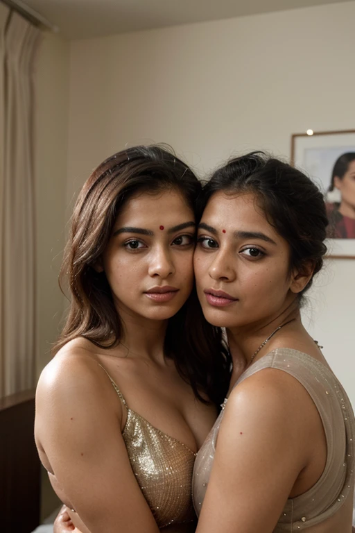 ((best quality)), ((masterpiece)), (detailed), perfect face, Indian women, wearing glittering saree, lesbian kiss, bedroom, gorgeous ladies