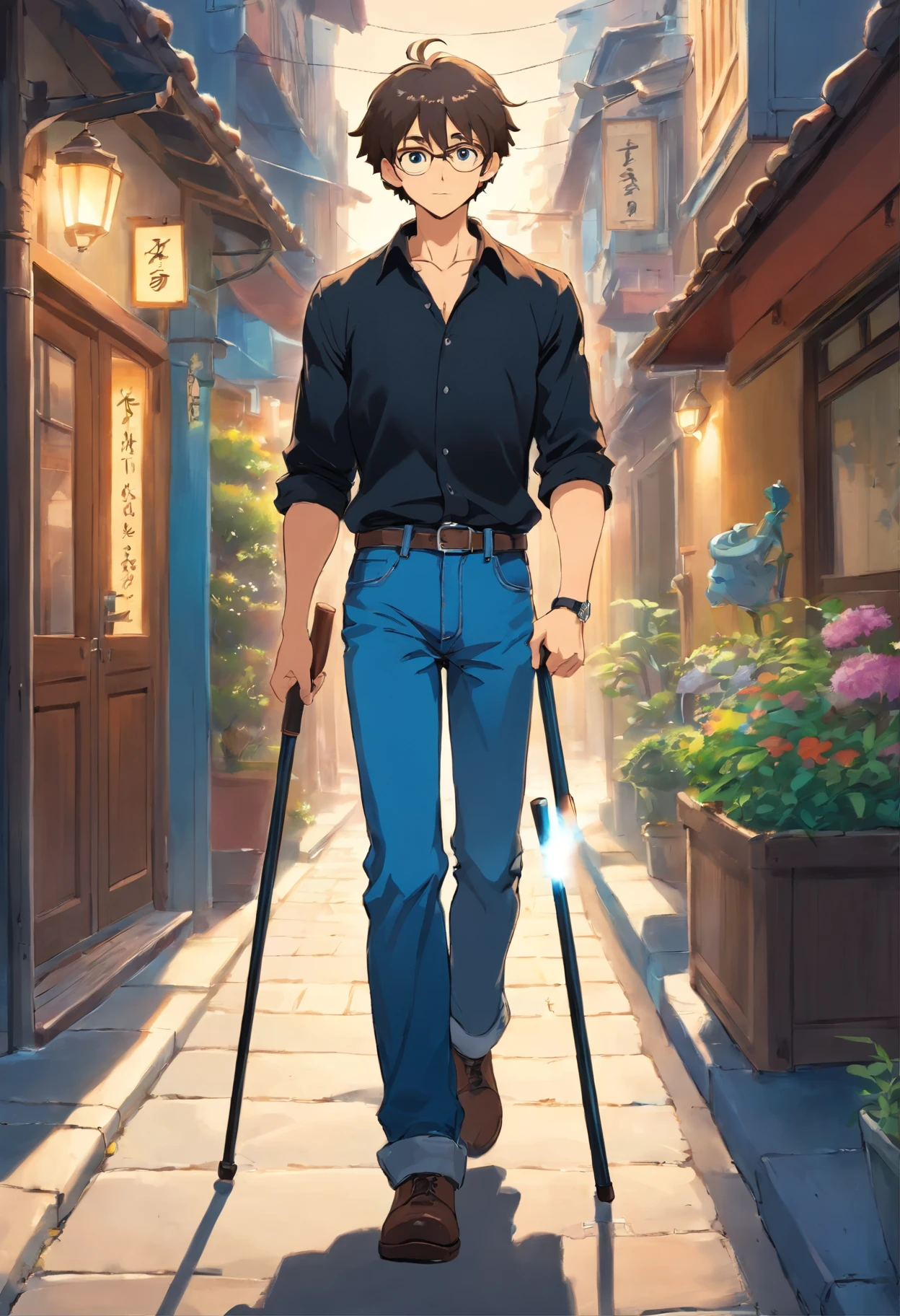 Muscular formal anime boy in black shirt and blue jeans walking with cane