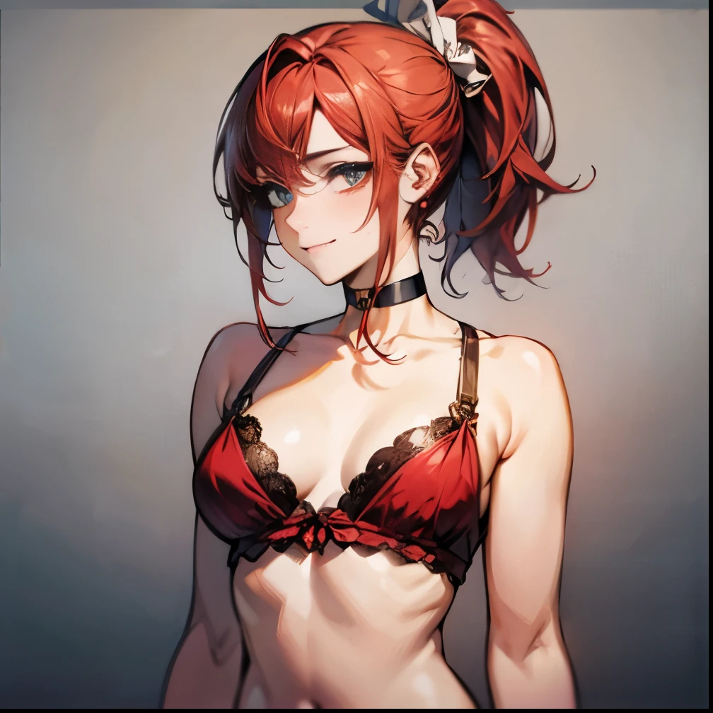 (Fine grain:1.4), beautiful, beautiful woman, Perfect Anatomy, Perfect body, Perfect breasts, ((choker:1.6)), Captivating Gaze, smile, realism, ((masterpiece, Rough skin , Very detailed, Attention to detail, high quality, 最high quality, 1080p, 32k, Perfect Anatomy)), ((ponytail, Red Hair:1.6))