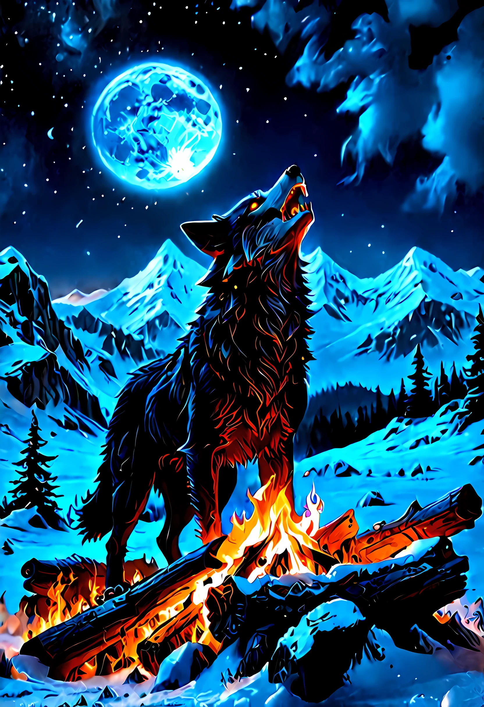 drkfntasy, faize, a National Geographic style, picture of bonfire at dawn on top of snowy mountain, you can see the moon  and the stars, an image of a wolf howling in the background, high details, best quality, highres, ultra wide angle