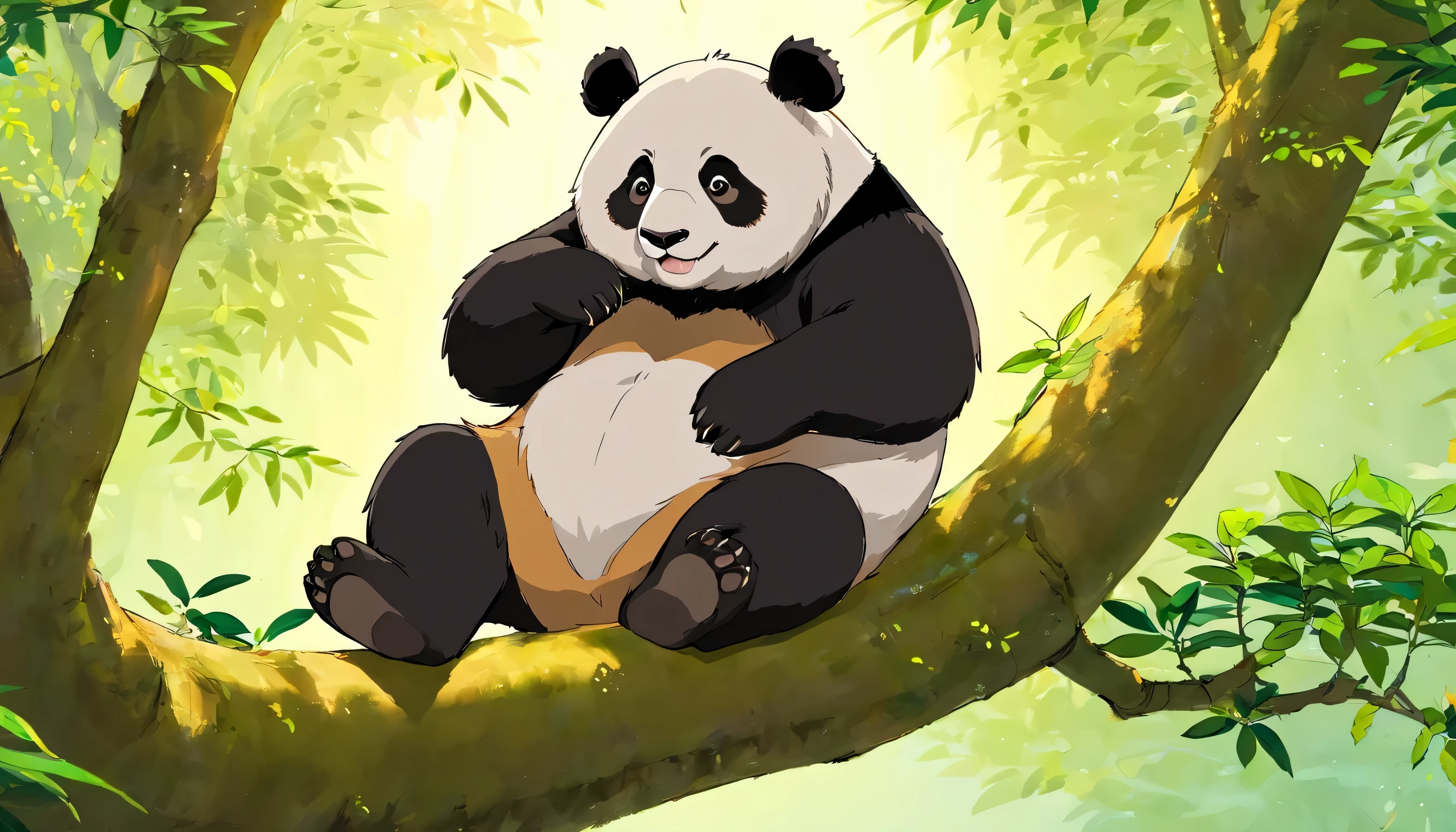 Panda bear sitting on a tree with leaves and branches, segurando uma lata de tinta laranja, pincel um panda gigante bonito, panda, pintura digital altamente detalhada, panda bonito, por Yang J