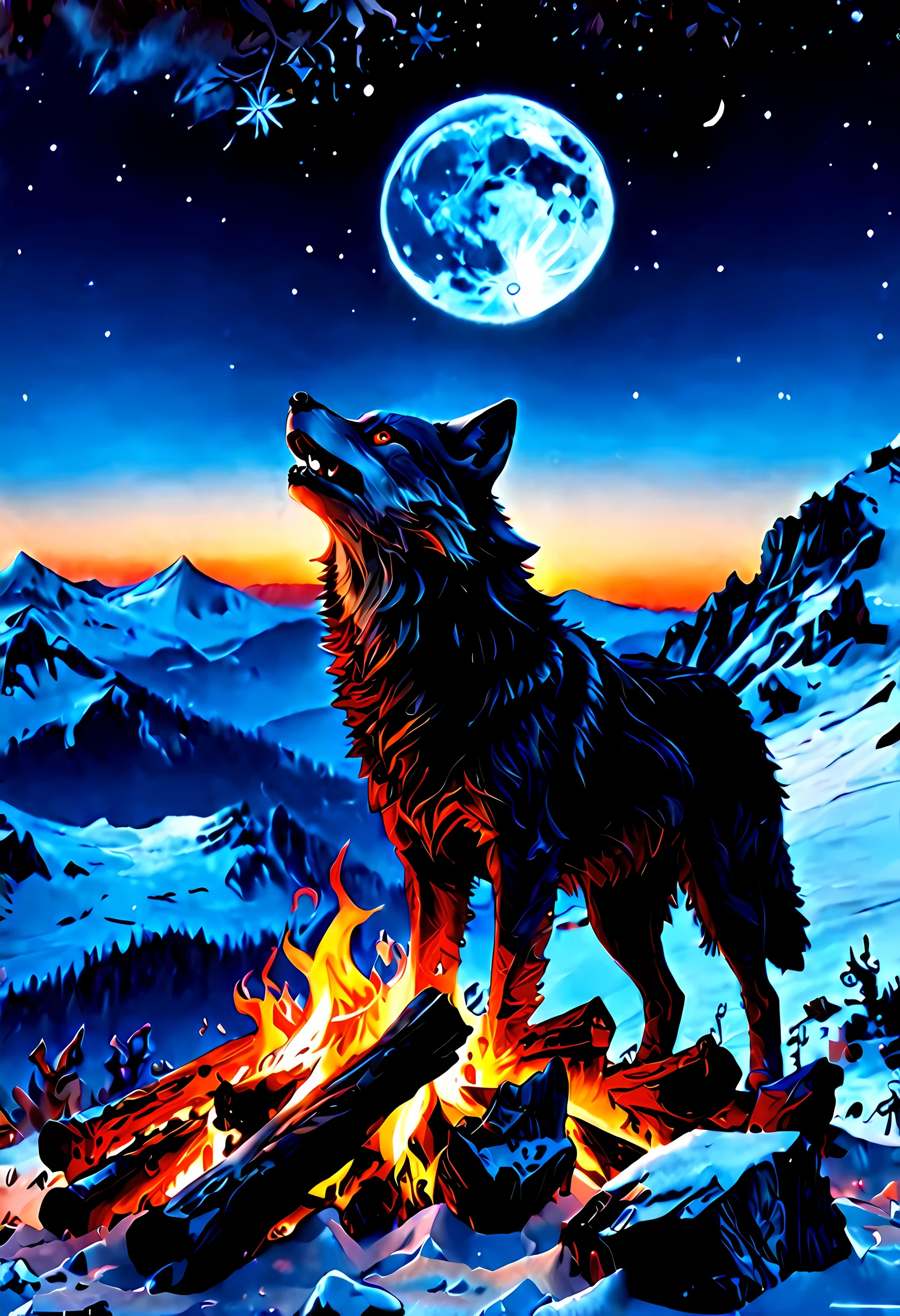 drkfntasy, faize, a National Geographic style, picture of bonfire at dawn on top of snowy mountain, you can see the moon and the stars, an image of a wolf howling in the background, high details, best quality, highres, ultra wide angle