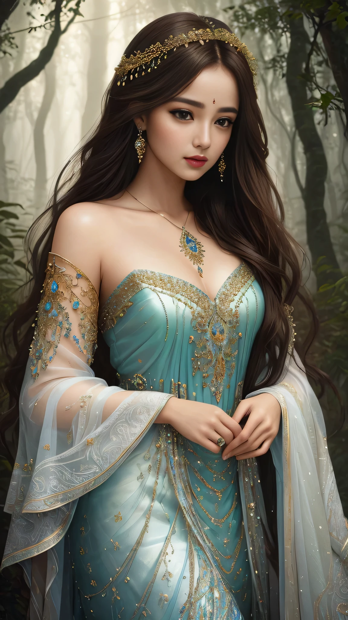 In this ultrahd, photo-realistic masterpiece, a woman with brown eyes as deep and captivating as the depths of an enchanted forest gazes out at the viewer with a serene, otherworldly expression. Her brown hair, cascading like a waterfall, frames her perfect features, each strand meticulously rendered in surrealistic style. The angelic woman wears a flowing gown of intricately detailed fabric, shimmering with iridescent hues that dance in the soft, ethereal light. Her face, an exquisite canvas of delicate features, is adorned with the most intricate details, from the longest of eyelashes to the