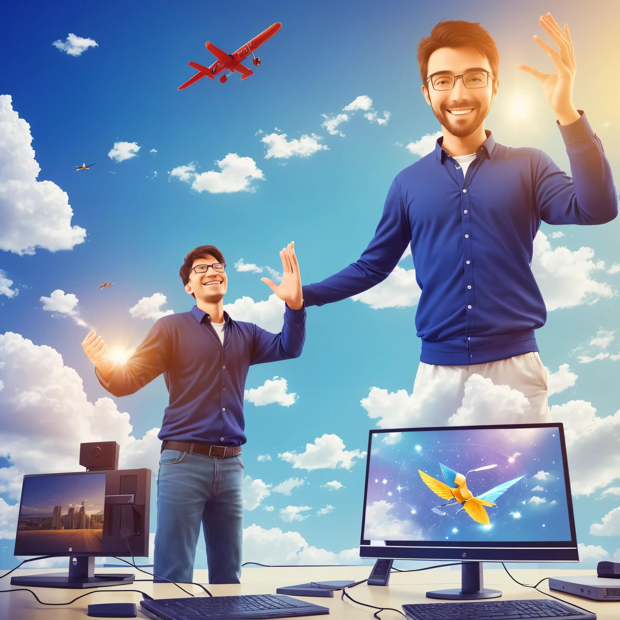 A happy and proud person. He is flying happily. He looks towards the computer. He holds in his hand a magical solution to the problem he faced. A three-dimensional image. High resolution. Bright and beautiful colors.
