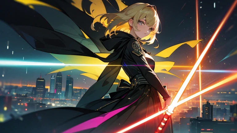 Beautiful Woman、Blonde、persona 5、animation、Lightsabersをもつ主人公、supernova explosion、yellow、Lightsabers、An illustration、concentrated、LightsabersをもつマッスルなBeautiful Womanの暗black卿、Cape、Pastel iridescent particles、Star Wars: The Dark Side、Psycho Power、rain、Dark night and deep green、A city with 16k of detail、building、City、black、Pale、white、orange、Studio Ghibli、Xin Haicheng、vivid、16k, 32k, unreal engine 5, best quality, You are a professional animator and you must believe in your own growth and push your limits to create beautiful, fast drawings.。