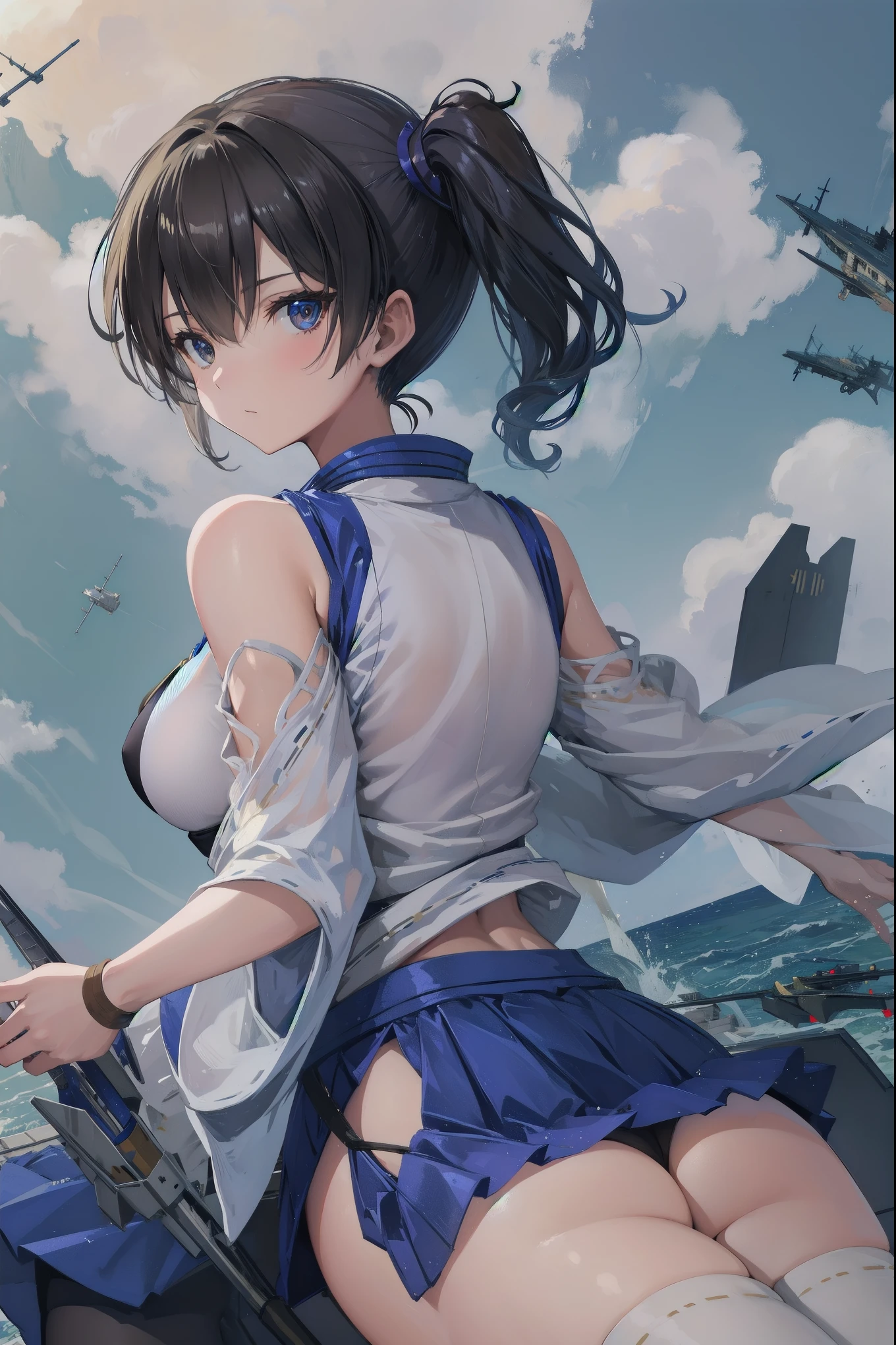 Kaga(Fleet Collection),highest quality, masterpiece, High resolution,kimono,blue skirt,side ponytail,big_breasts,