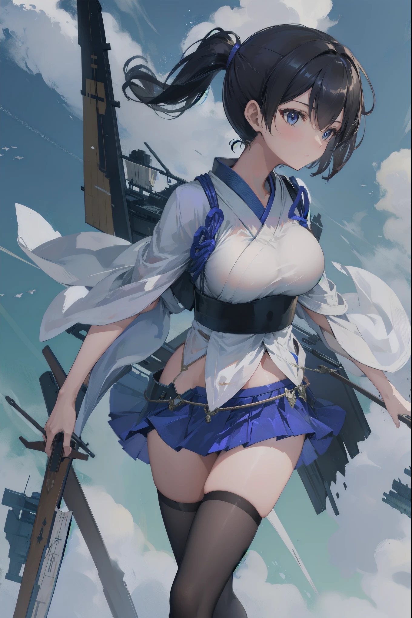 Kaga(Fleet Collection),highest quality, masterpiece, High resolution,kimono,blue skirt,side ponytail,big_breasts,