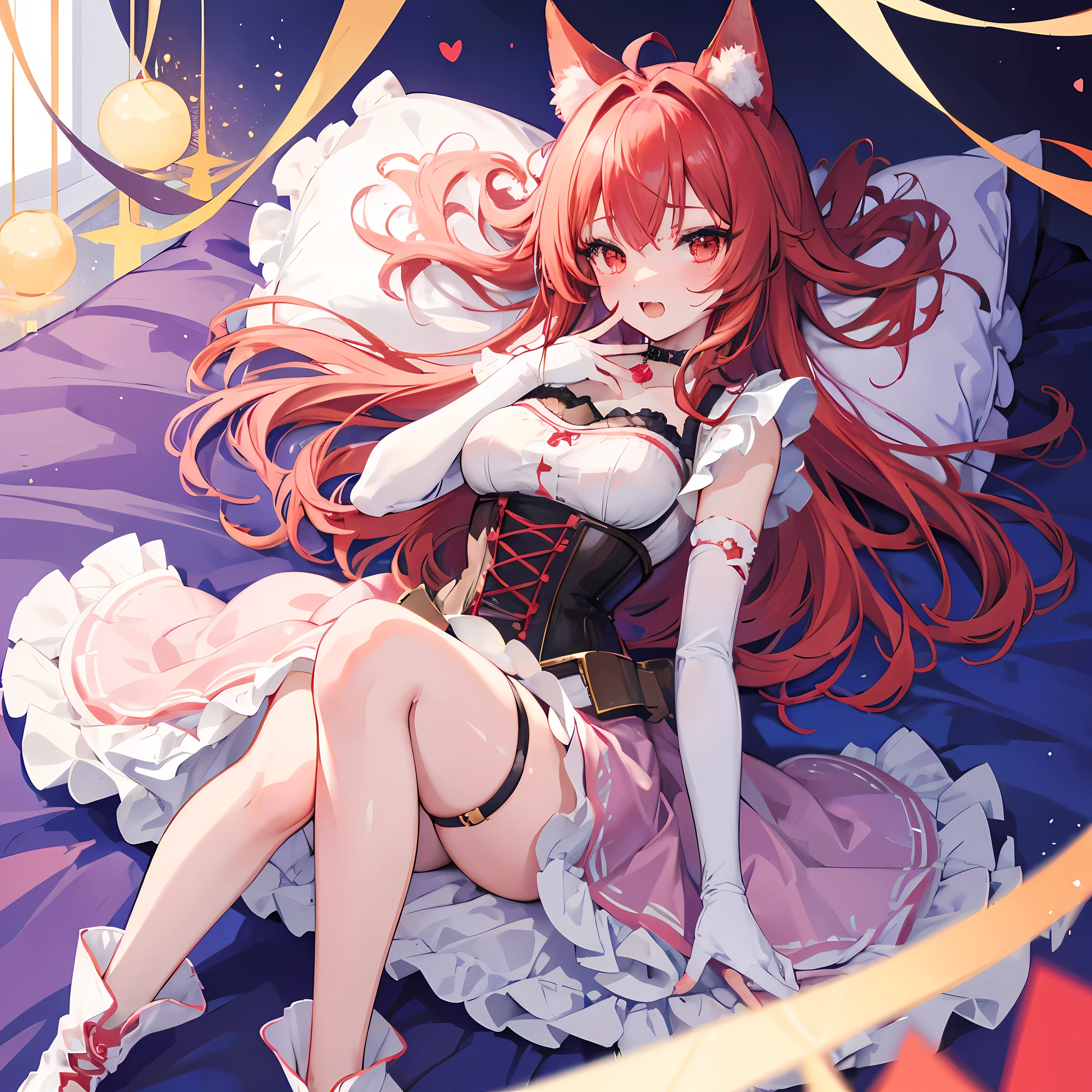 Fox girl,Cat girl,Skinny,breast reduction,lying among colorful flashes, among colorful, soft colours background, stroking own chin,reaching,arm at side,knees together feet apart,red hair,medium hair,ahoge,red eyes,White skin,evil seductive,smug, open mouth, cute anime fangs, cute anime girl fangs, cute, subtle blush, large dress,corset, large skirt,dirndl, suspender skirt,thigh strap,boots,tiara,earclip,choker,elbow gloves,fingerless gloves,gloves,Dress,Corset,View From Above,Overhead View,Red,White,Brown,Elegant,Eye Makeup, laying ,Cute, cute eyes, profile wallpaper, earclip, soft colors background, Efecto de colores alrededor, surrounded by colorful lights, pastel colors background, liying on colorful bed, colorful blankets, bed sheet background, looking at viewer